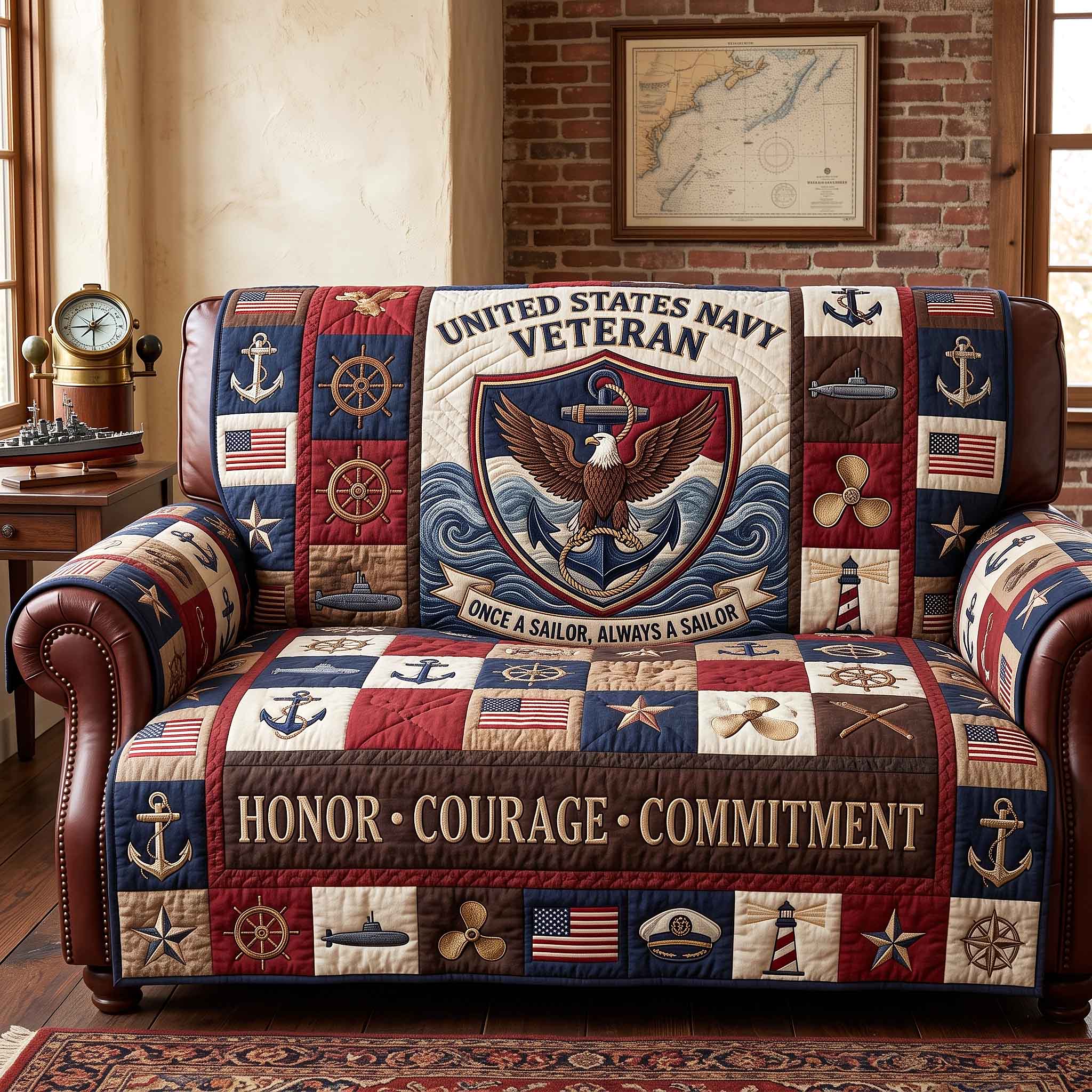 Navy Pride Quilted Sofa Cover Navy Strength Couch Cover Great Housewarming Gift Ideas