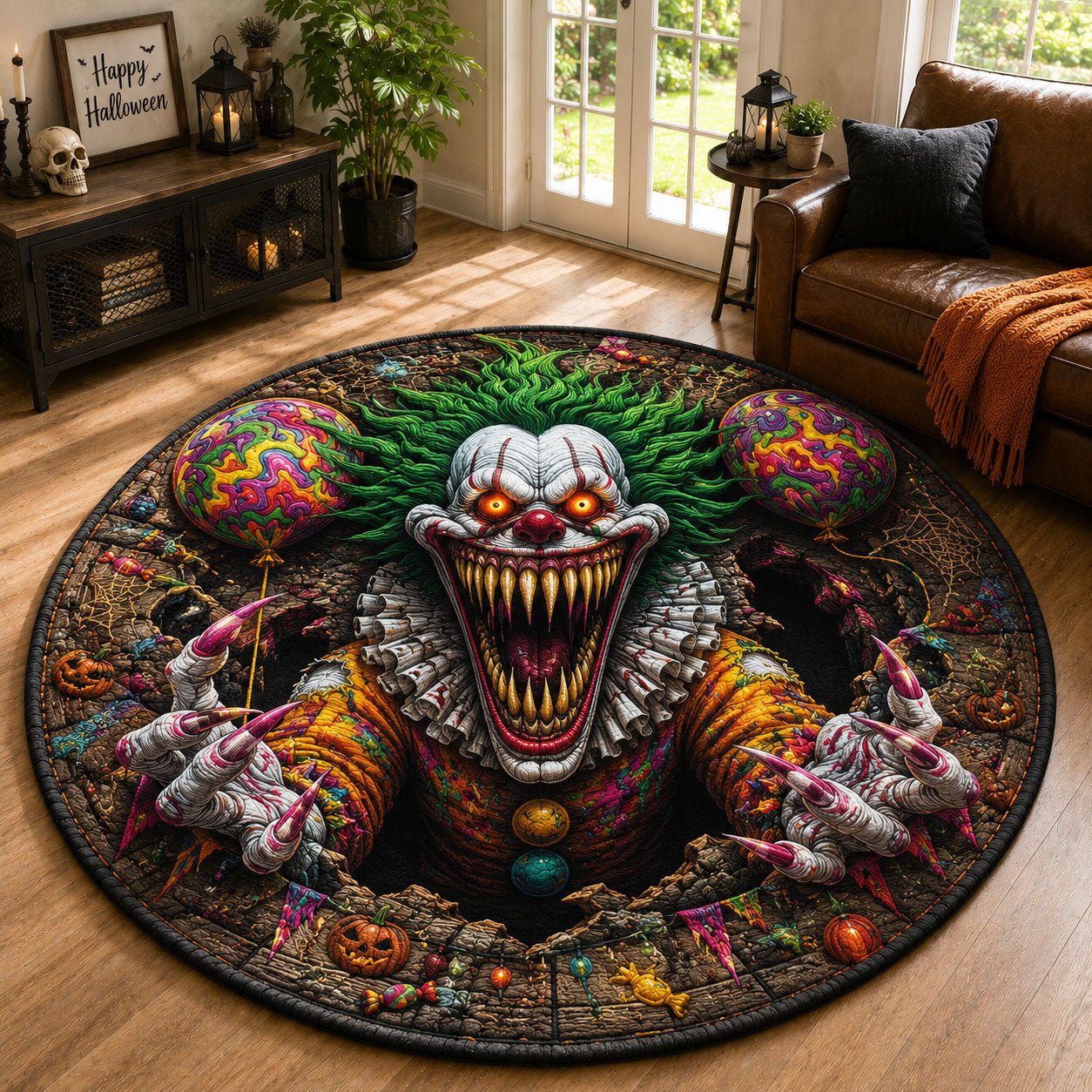 Neon Horror Clown Quilted Round Mat Scary Clown Halloween Round Rug Halloween Home Decor Ideas