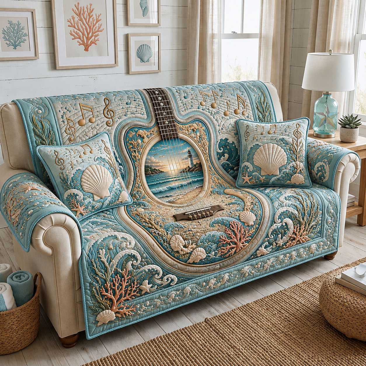 Ocean Harmony Quilted Sofa Cover Coastal Waves Couch Cover Cozy Gift