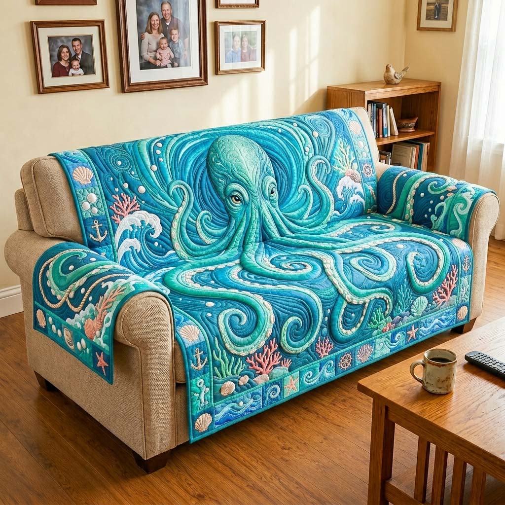 Ocean Octopus Quilted Sofa Cover Sea Breeze Couch Cover Top Decor Gift