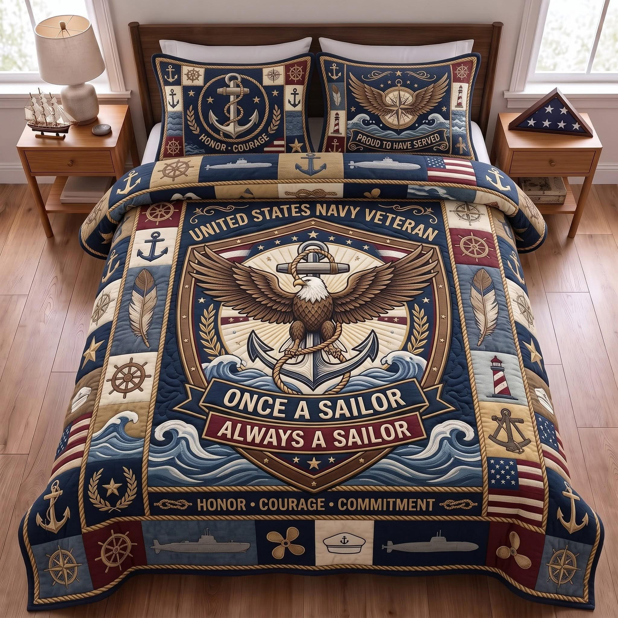 Once A Sailor Always A Sailor Quilt Bedding Set US Navy Veteran Patriotic Home Decor Veterans Day Gift
