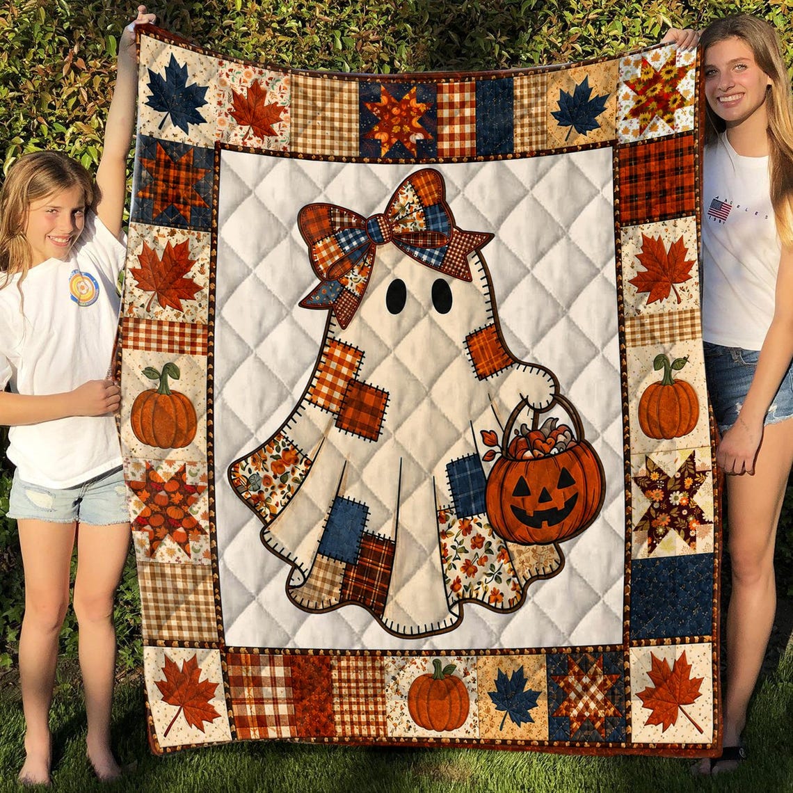Patchwork Cute Ghost Quilt Blanket Rustic Halloween Throw Pumpkin Fall Decor Cozy Autumn Gift