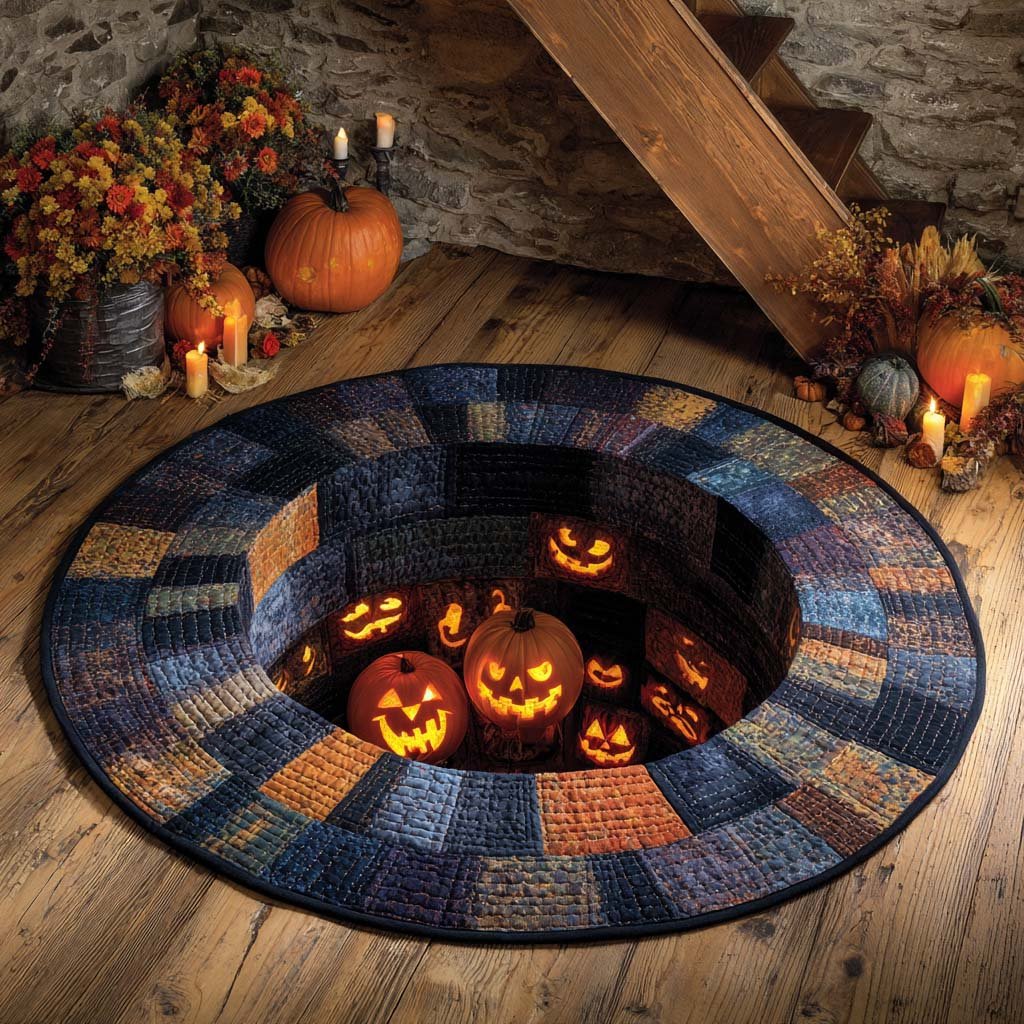 Patchwork Pumpkin Pit Halloween Quilted Round Mat Halloween Pumpkins Round Rug