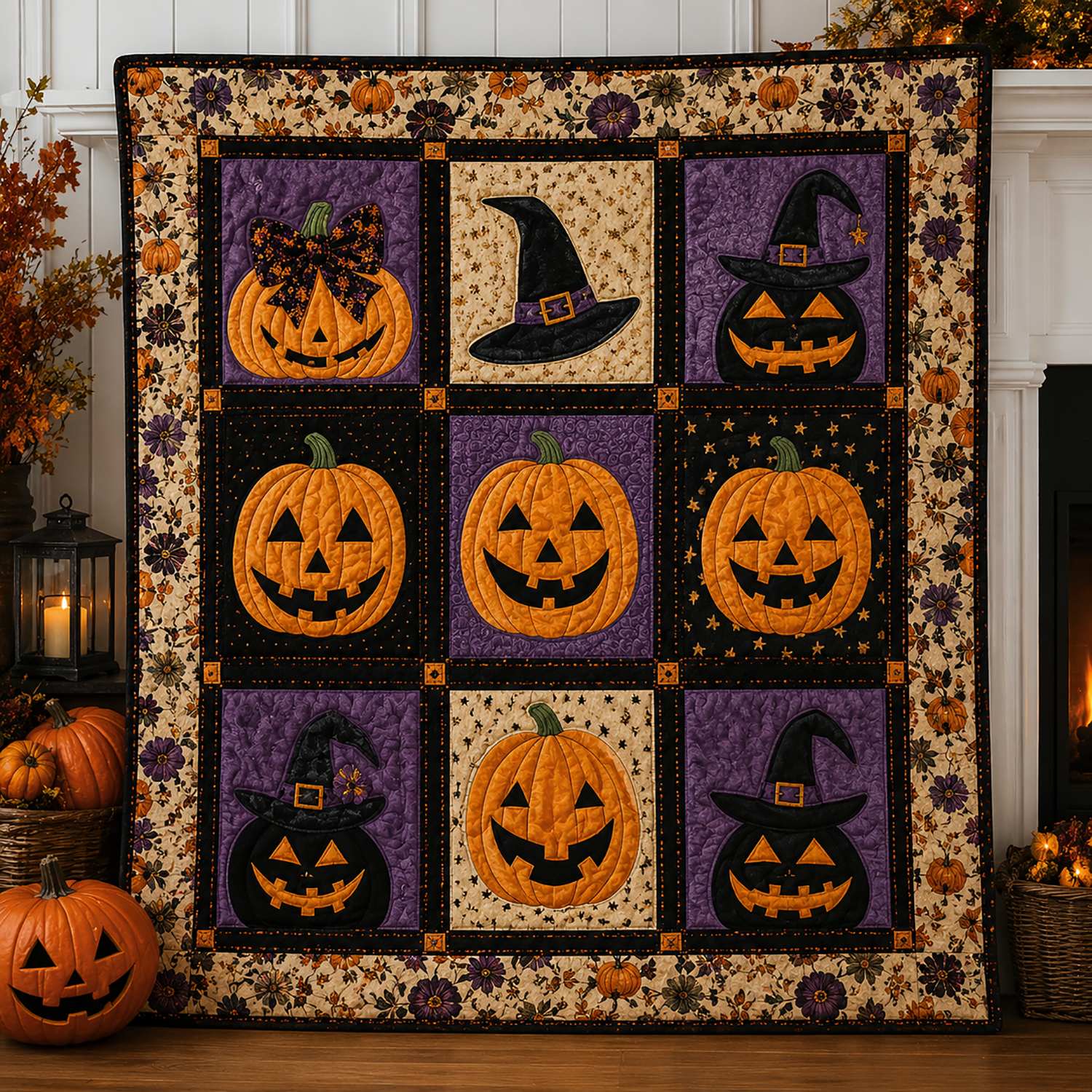 Patchwork Pumpkin Quilt Blanket Halloween Spooky Witch Throw Fall Seasonal Patchwork Gift