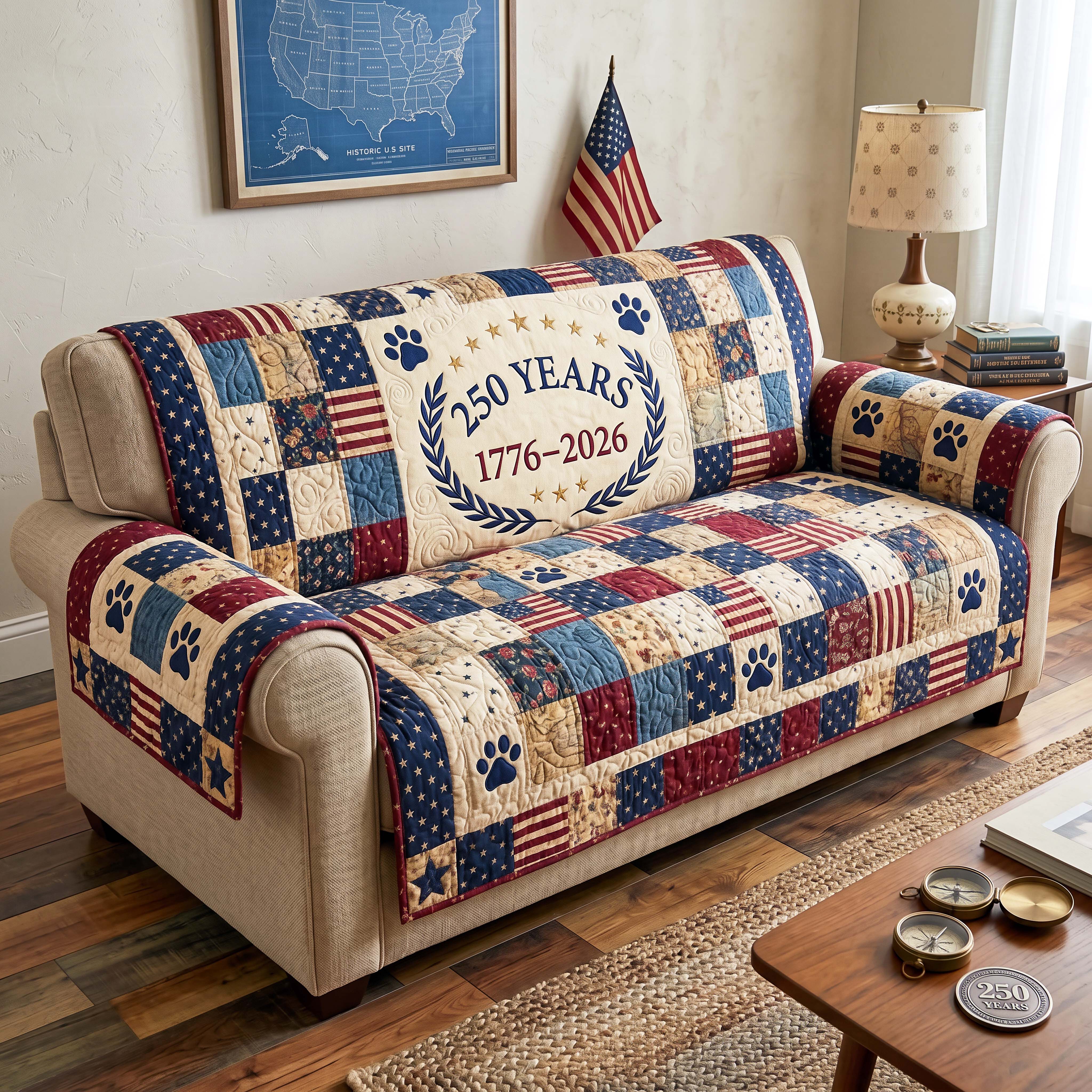 Patriot Paws Quilted Sofa Cover Vintage Patriot Couch Cover Trendy Gift