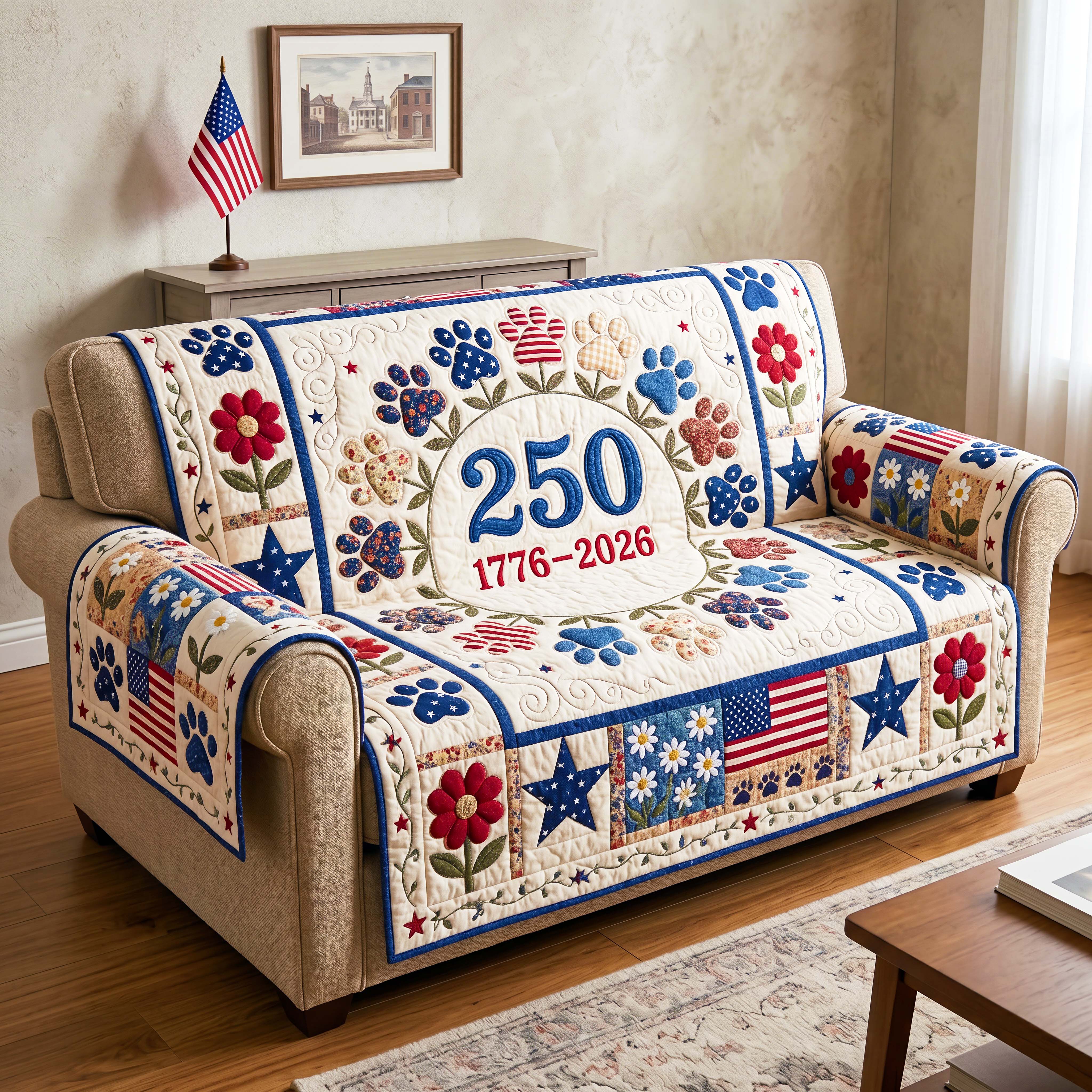 Patriotic Bloom Quilted Sofa Cover Rustic Patriotic Couch Cover House Gift