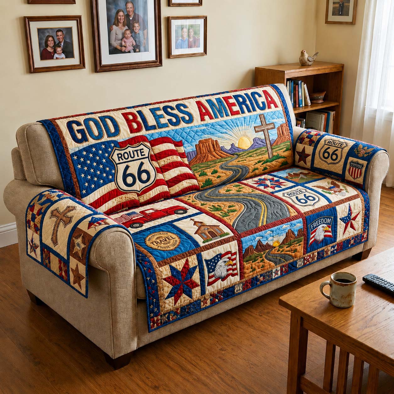 Patriotic Route 66 Quilted Sofa Cover American Valor Couch Cover Room Lover Gift