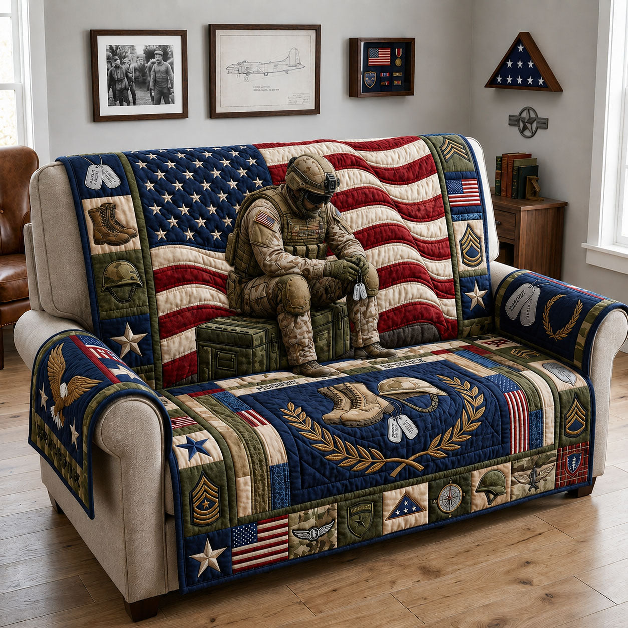 Patriotic Soldier Quilted Sofa Cover Patriot Pride Couch Cover Gift For Living Room