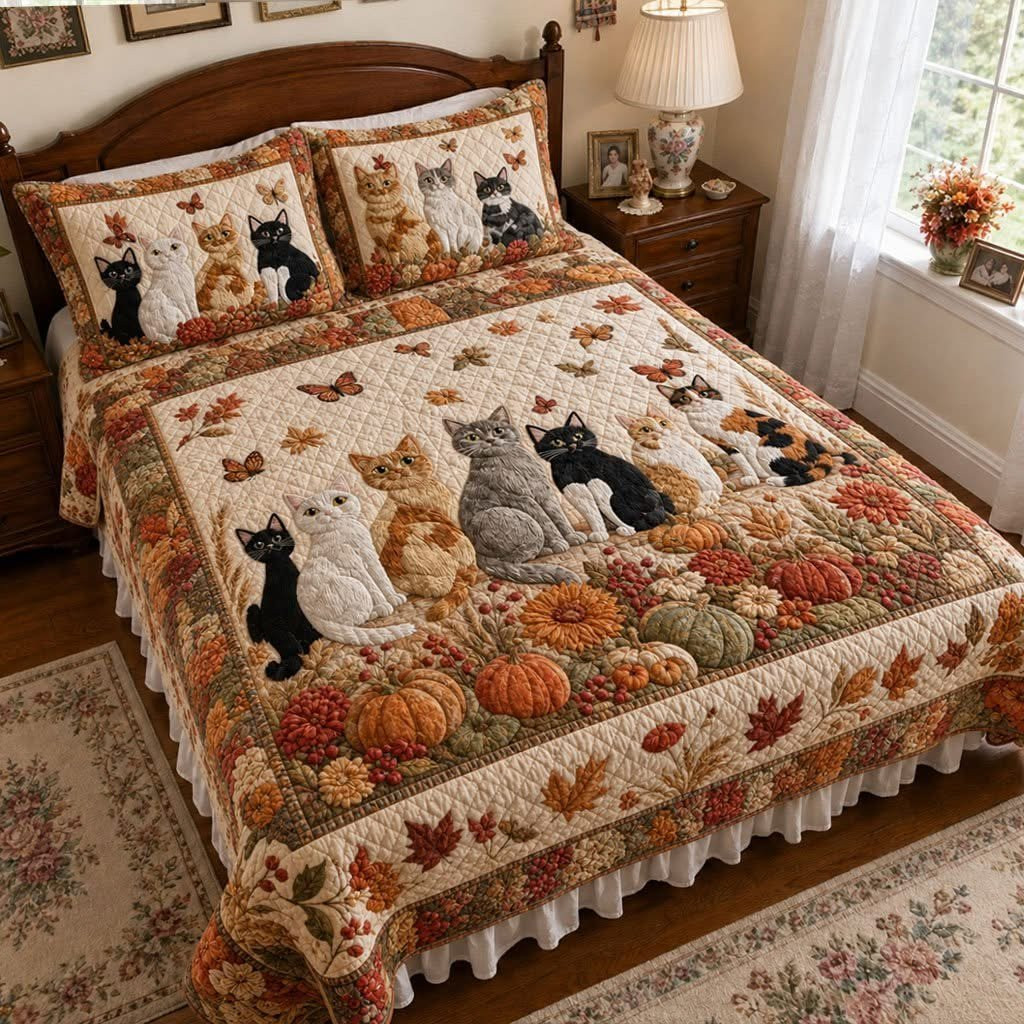 Peaceful Purrs Cat Quilt Bedding Set Autumn Pumpkin Fall Maple Leaves Bedroom Decor Cat Lovers Gift