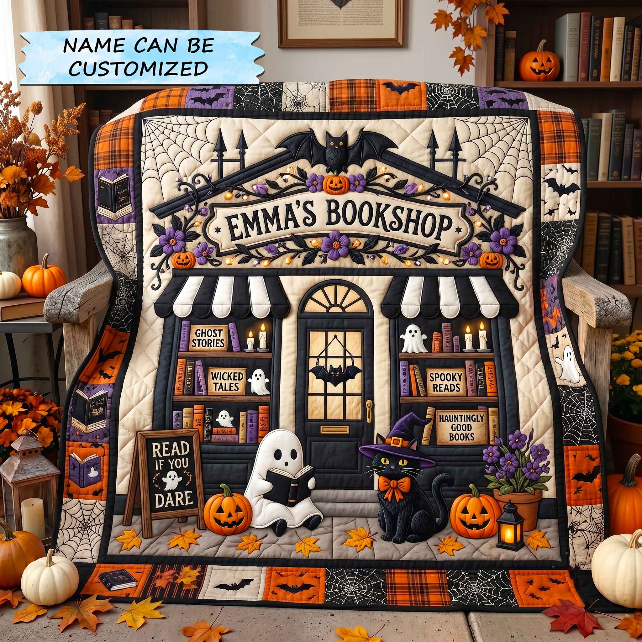 Personalized Autumn Bookshop Quilted Blanket Halloween Bookshop Cat Merch Home Decor Ideas