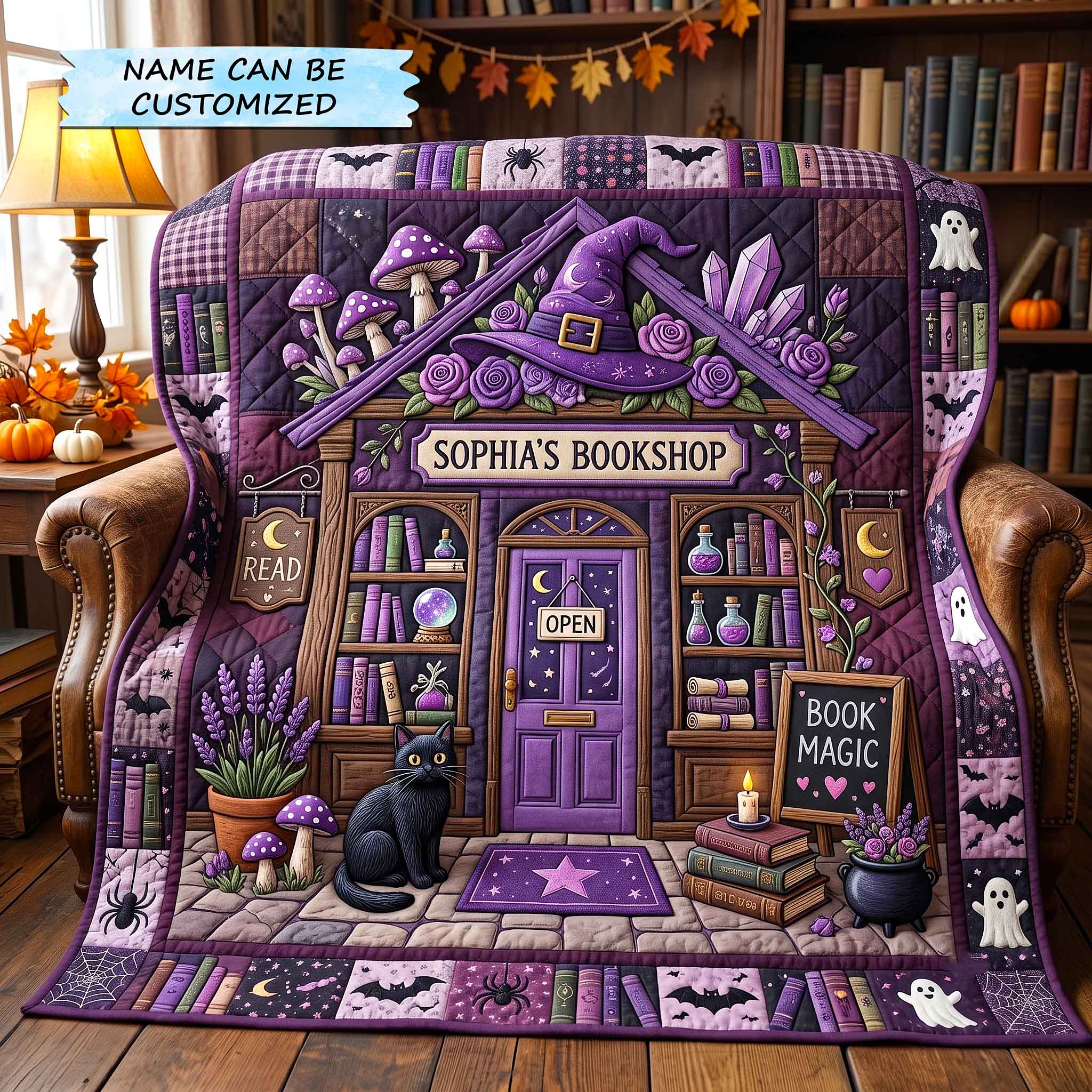 Personalized Autumn Bookshop Quilted Blanket Halloween Witchcraft Merch Gift For Women