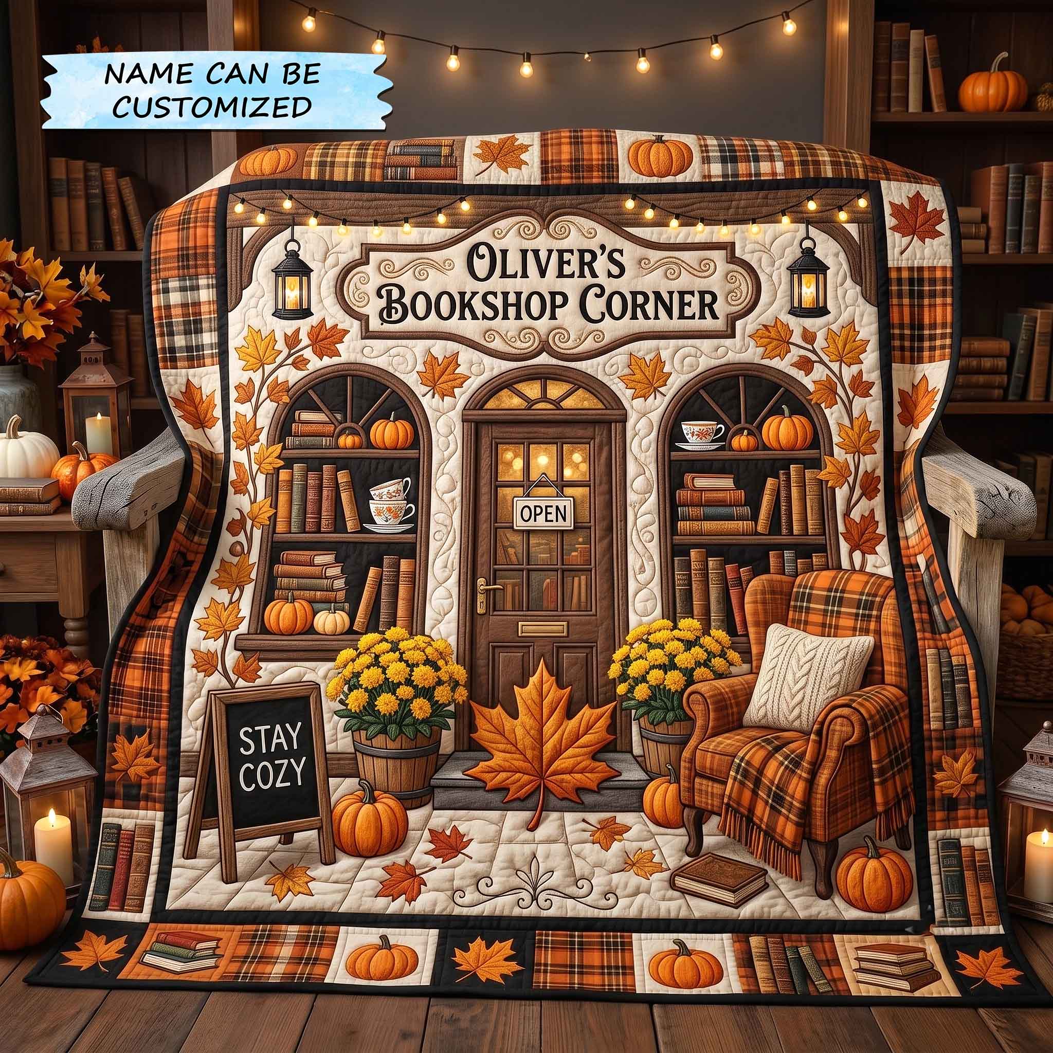 Personalized Autumn Bookshop Quilted Blanket Witch Bookshop Cat Merch Room Decor Gift Ideas