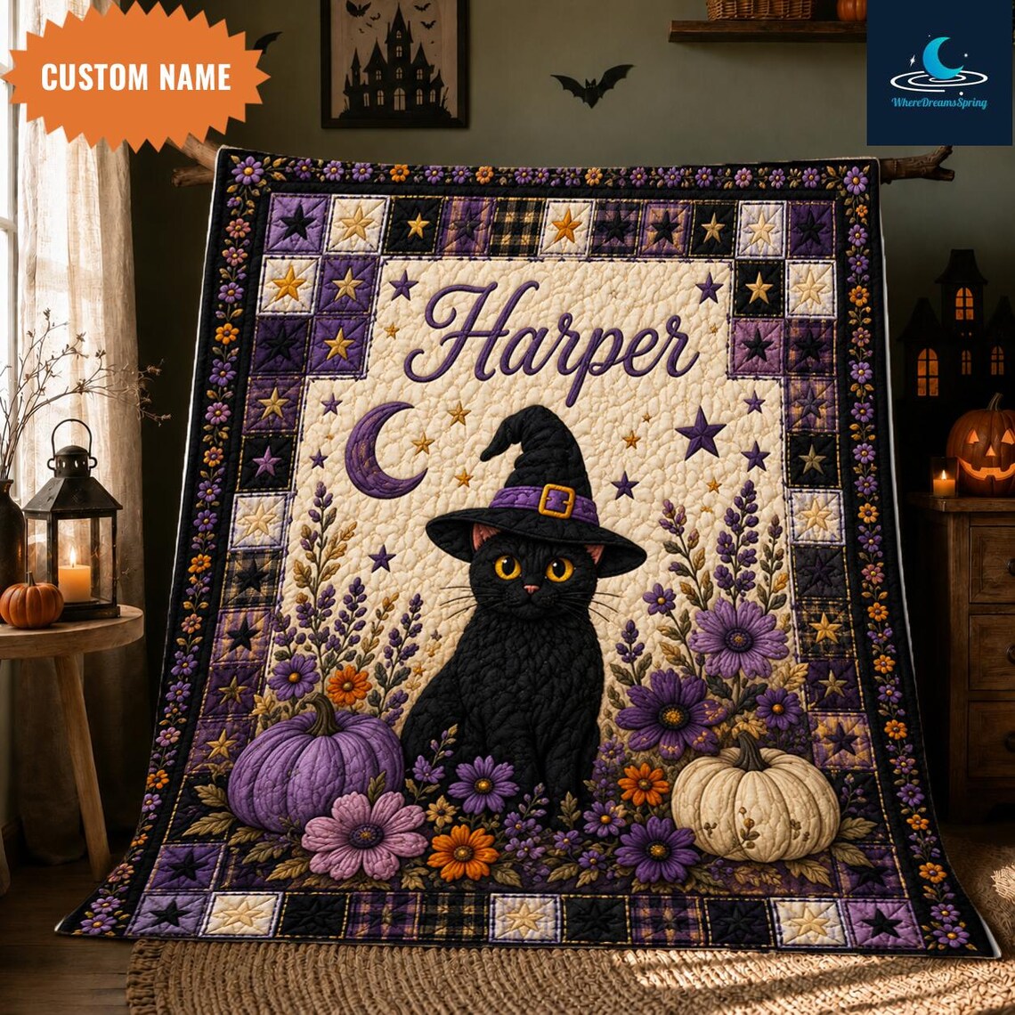Personalized Black Cat Witch Quilt Blanket Purple Pumpkin Halloween Throw Gifts For Mom