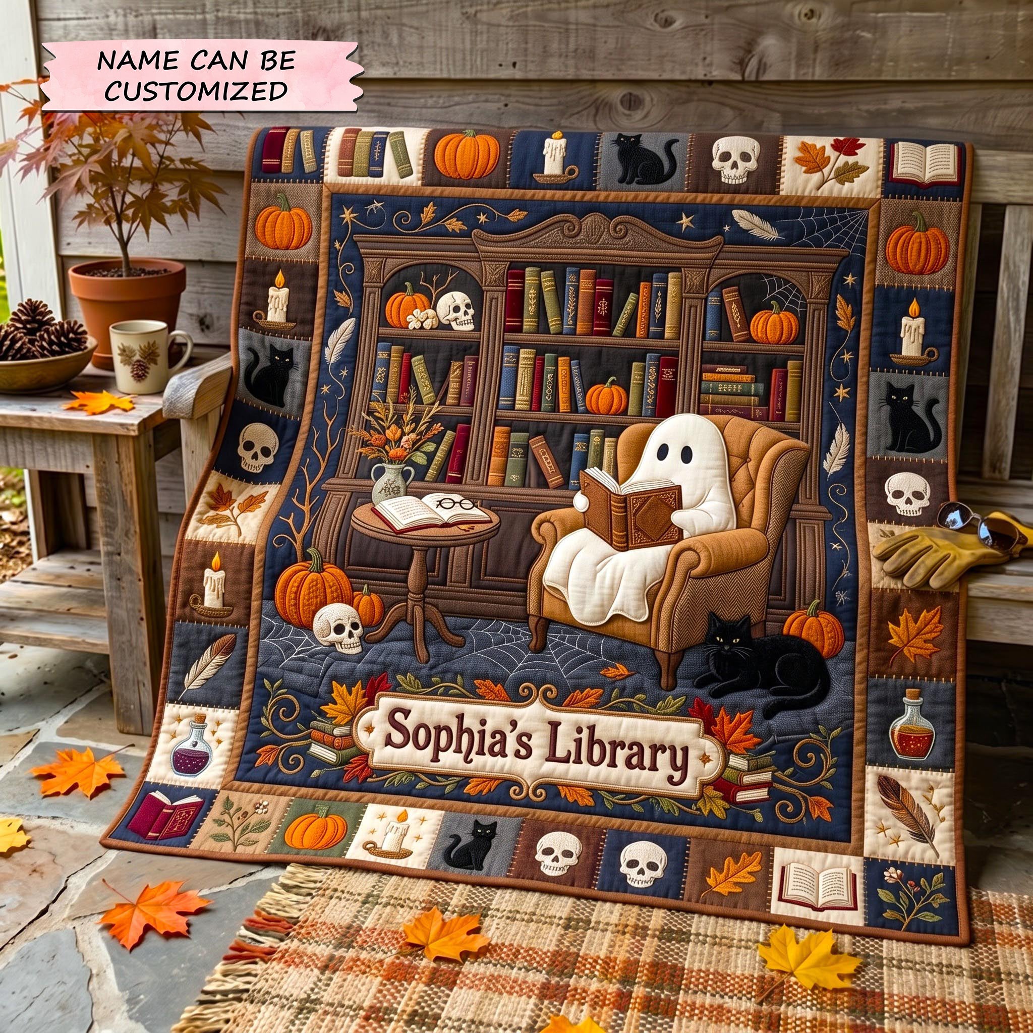 Personalized Book Nook Quilted Blanket Ghost Reading Library Merch Home Gifts For Her