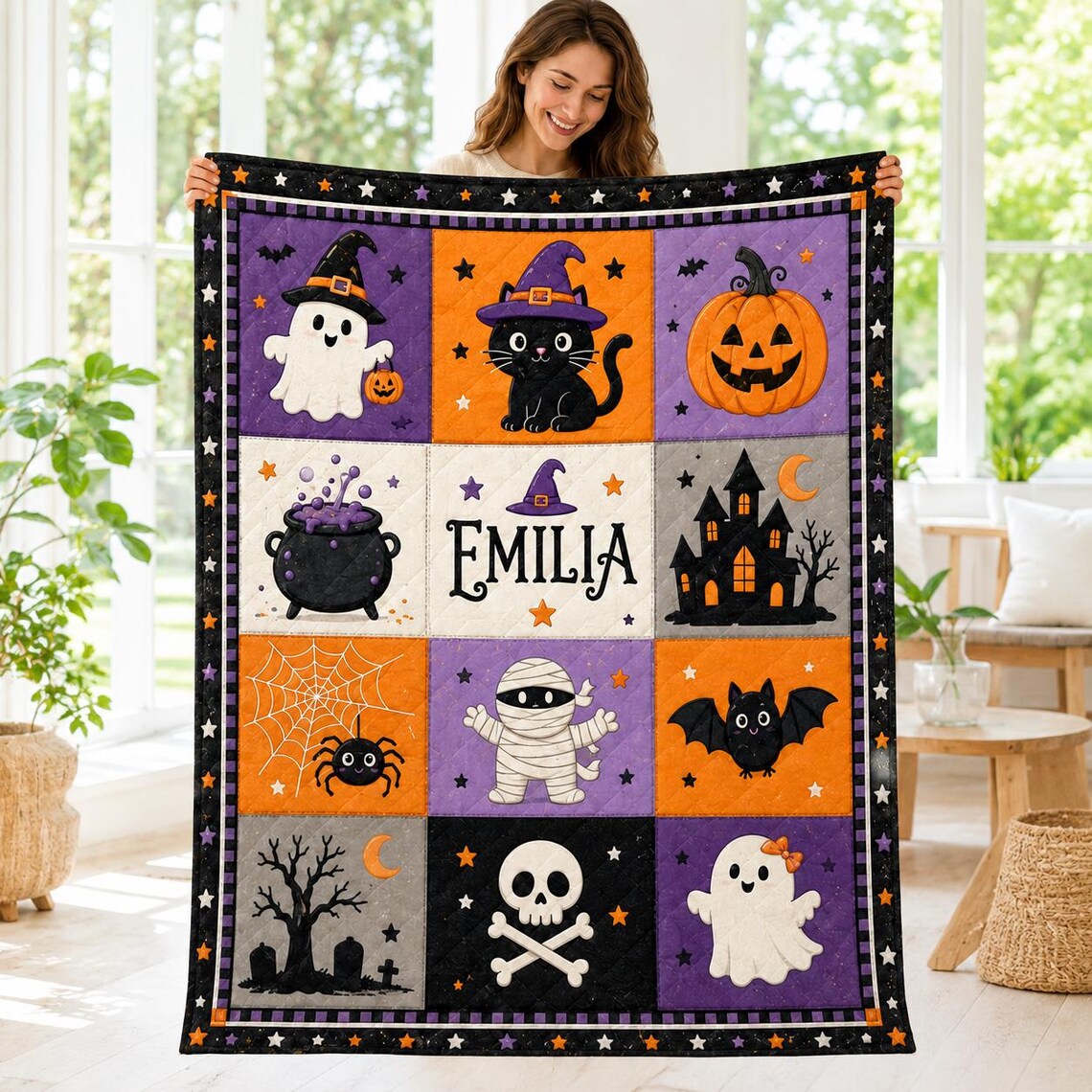 Personalized Ghost Pumpkin Witch Hat Quilt Blanket Ghost Cat Pumpkin Cozy Throw Fall Decor