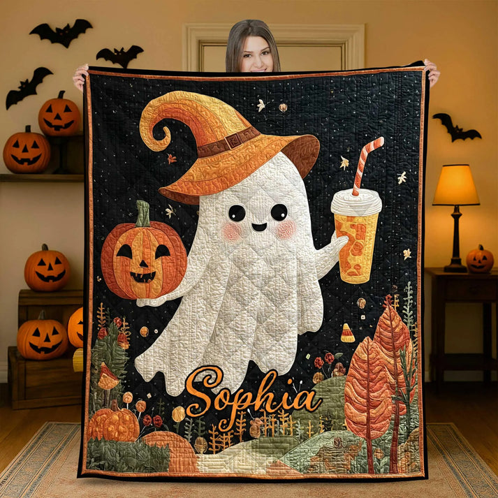 Personalized Ghost Pumpkin Witch Hat Quilt Blanket Spooky Season Decor Throw Best Gifts
