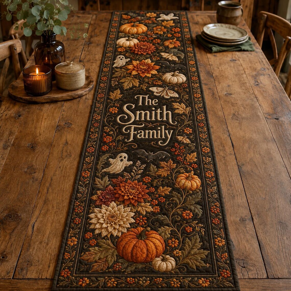 Personalized Gothic Halloween Quilt Table Runner Custom Family Merch Gift For Neighbors