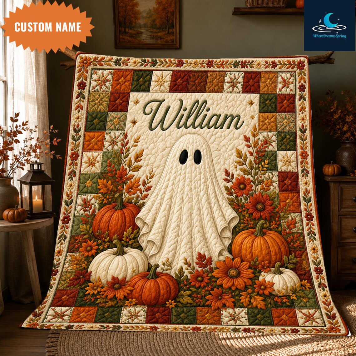 Personalized Halloween Ghost Pumpkin Quilt Blanket Fall Floral Cozy Throw Gifts