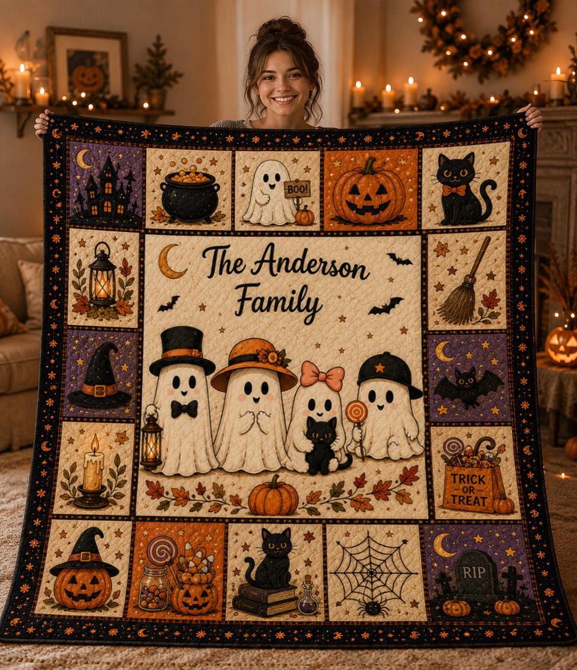 Personalized Halloween Patchwork Quilt Blanket Pumpkin Ghost Patchwork Throw Gifts