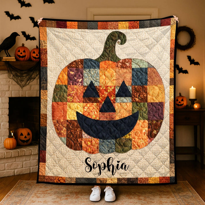 Personalized Halloween Pumpkin Quilt Blanket Spooky Season Throw Decor Gift