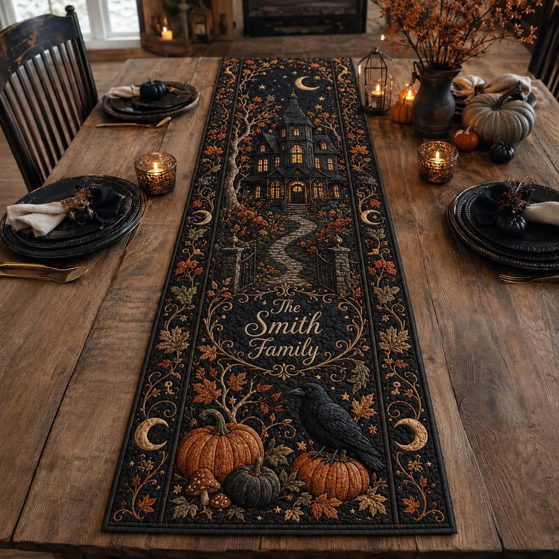 Personalized Halloween Table Runner Spooky Haunted Castle Dark Autumn Dining Table Runner Gift