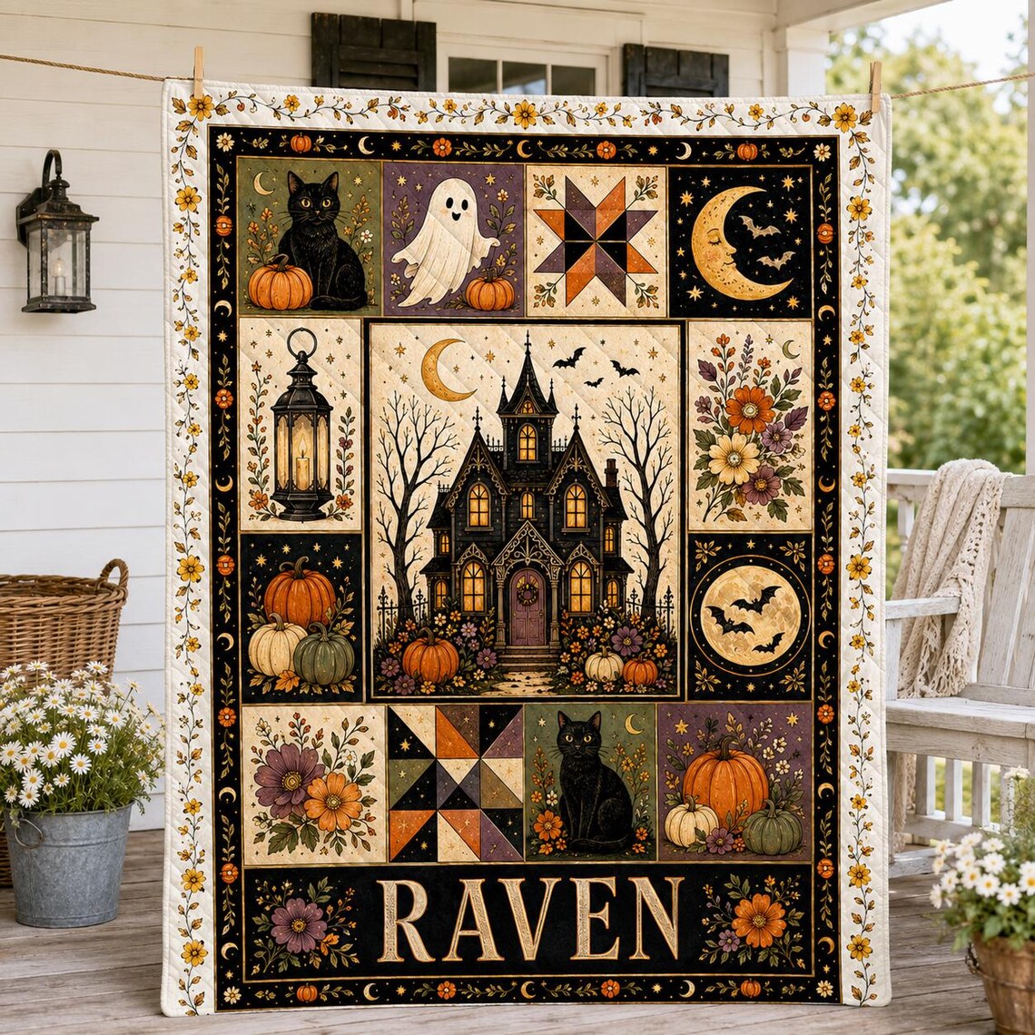 Personalized Haunted House Black Cat Quilt Blanket Pumpkin Ghost Gothic Halloween Throw