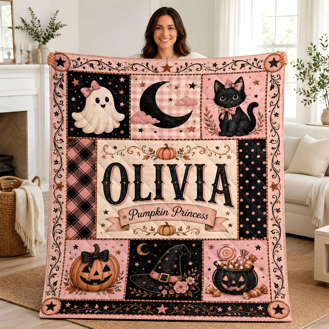 Personalized Pink Halloween Blanket Pumpkin Princess Throw Cute Ghost Black Cat Gift