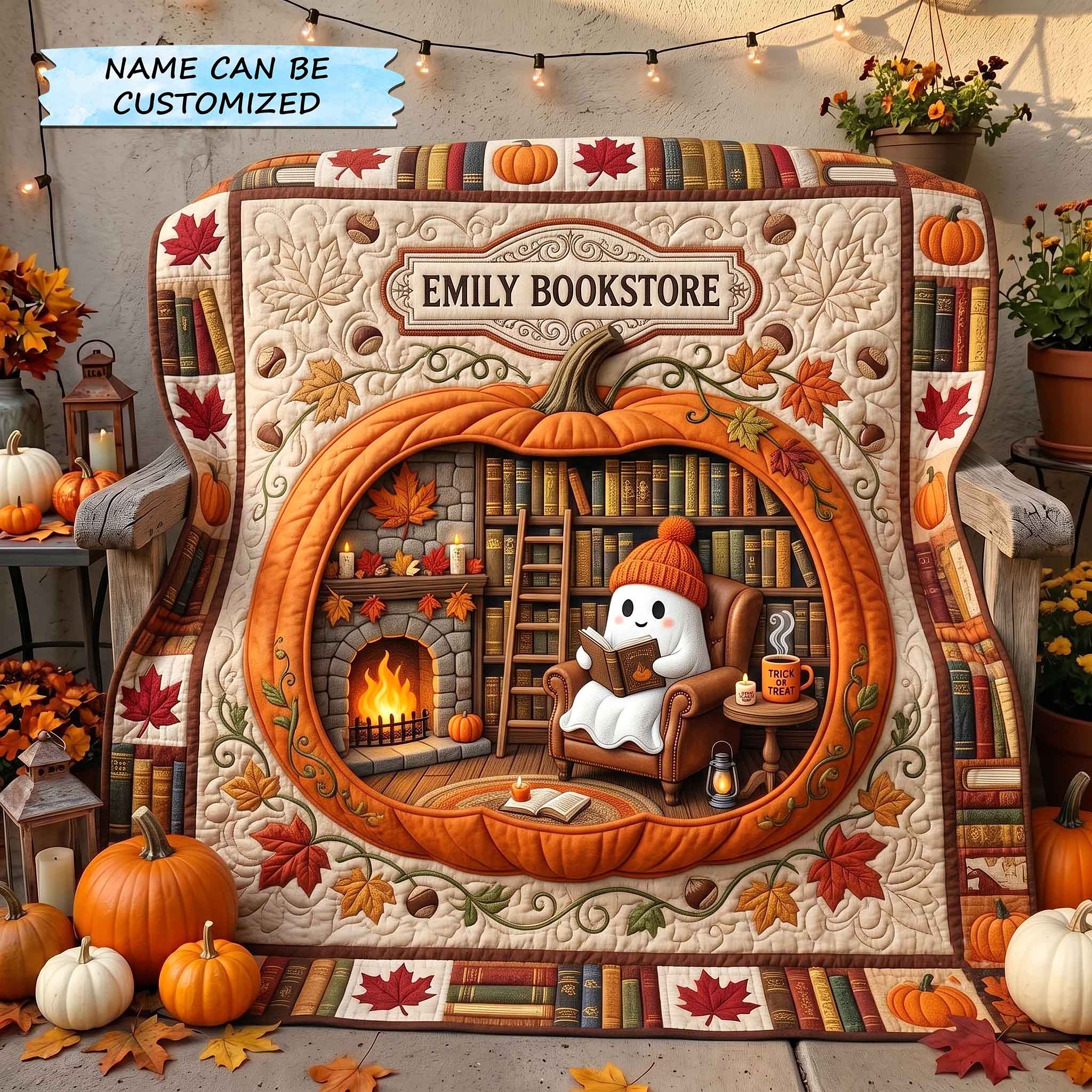Personalized Reading Ghost Pumpkin Bookstore Quilt Blanket Lover Halloween Bedding Autumn Decor