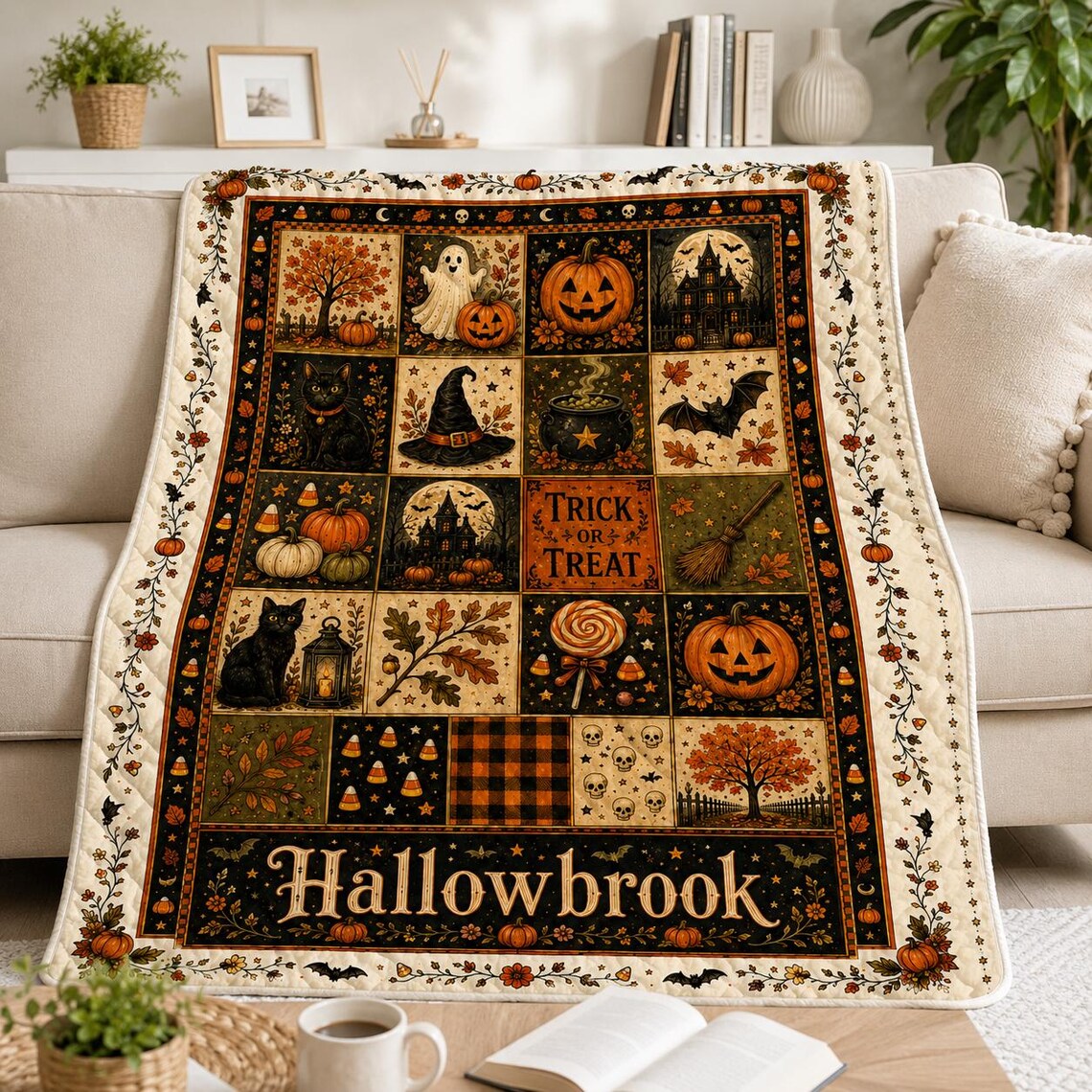Personalized Vintage Halloween Patchwork Quilt Blanket Ghost Pumpkin Black Cat Spooky Throw