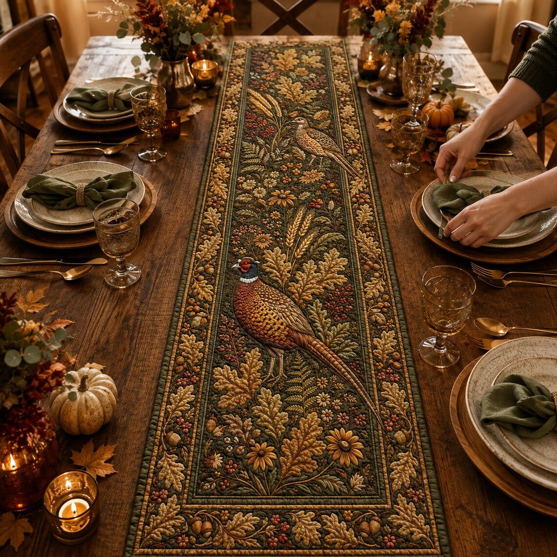 Pheasant Fall Woodland Quilted Runner Rustic Thanksgiving Table Decor Autumn Bird Harvest Gift