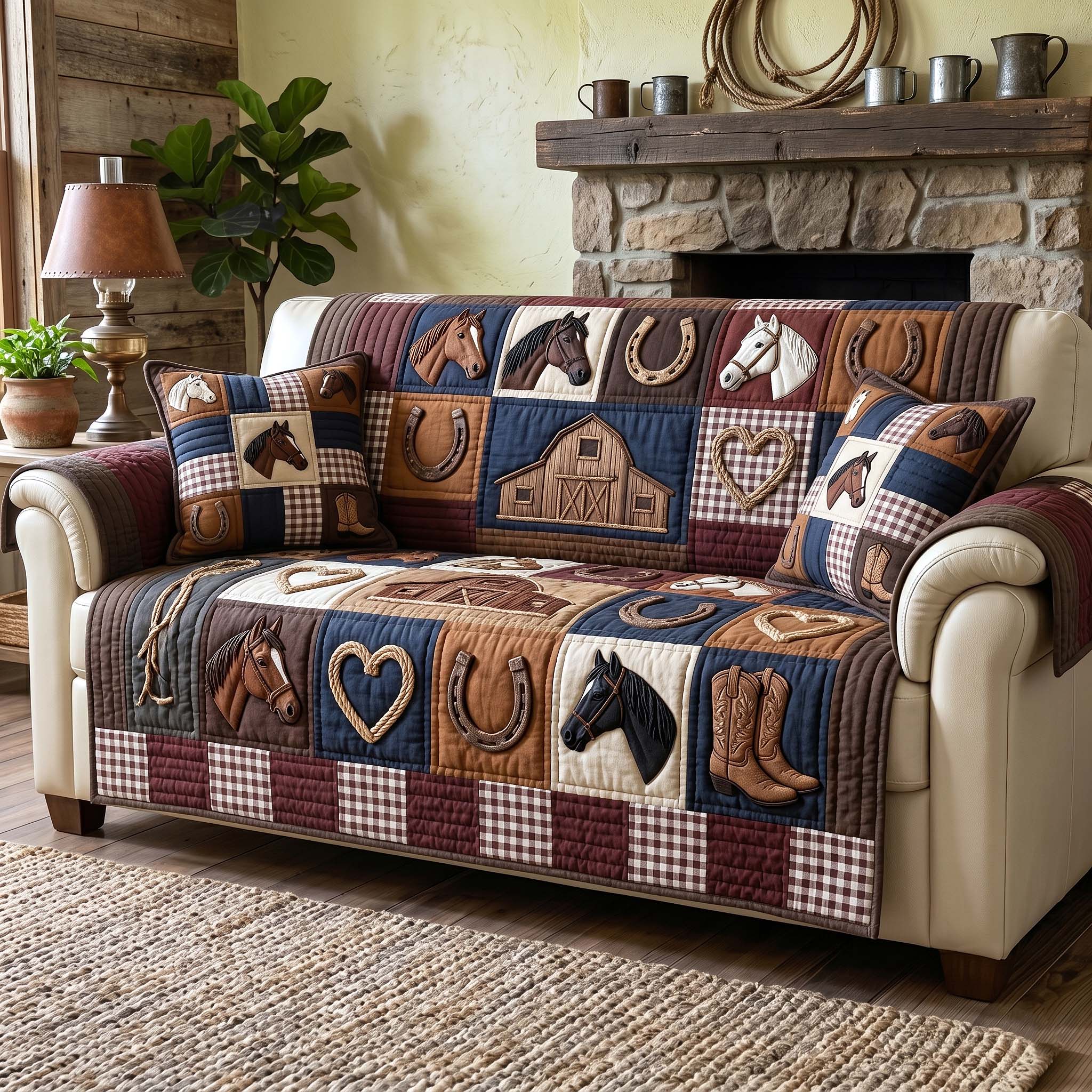Prairie Horse Quilted Sofa Cover Cowboy Horse Couch Cover Gift For House Lover