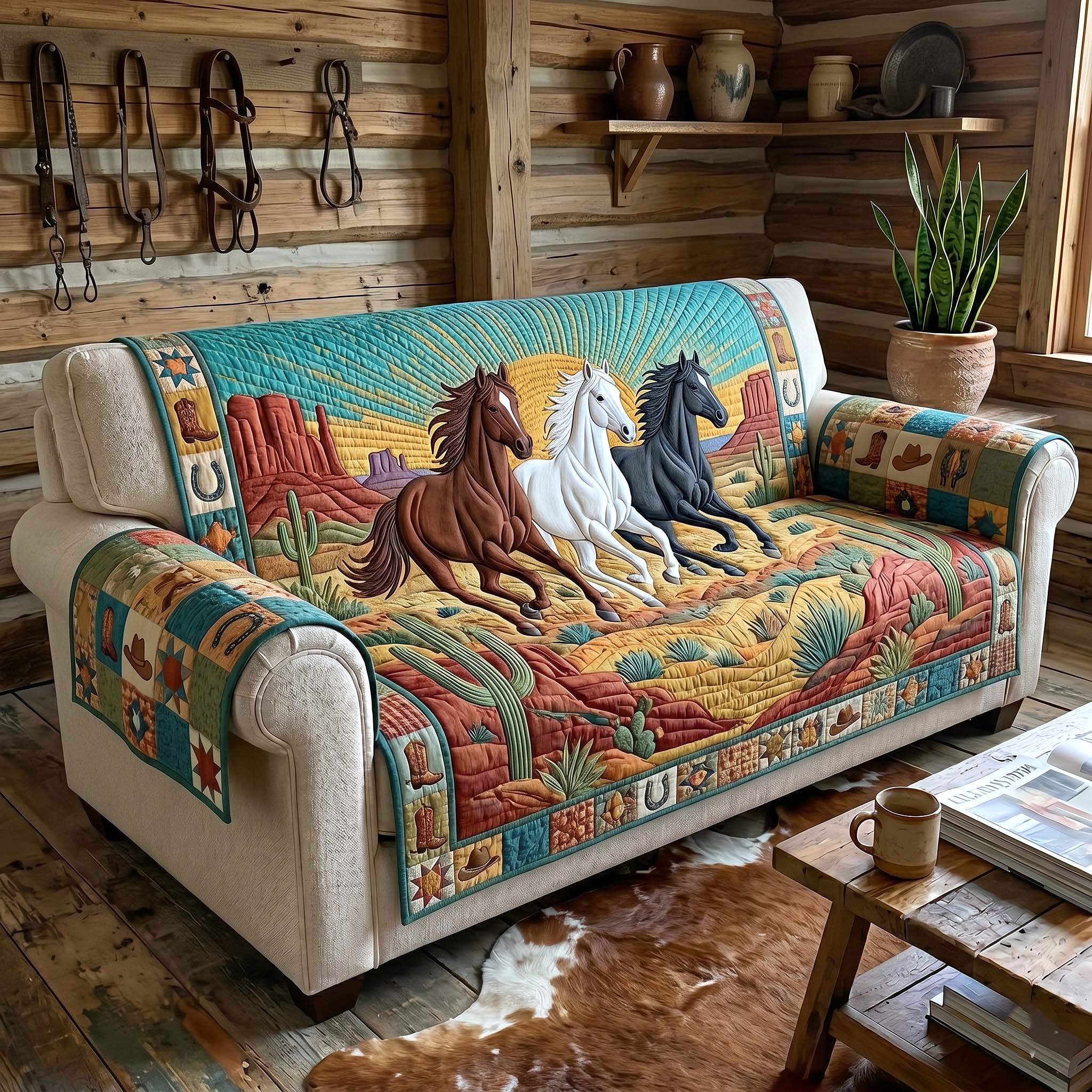 Prairie Horse Quilted Sofa Cover Horse Country Couch Cover Gifts For House Lovers