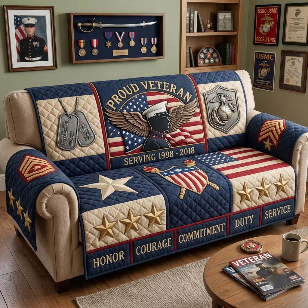 Proud Military Veteran Quilted Sofa Cover Veteran Honor Couch Cover Cozy Living Gift Ideas