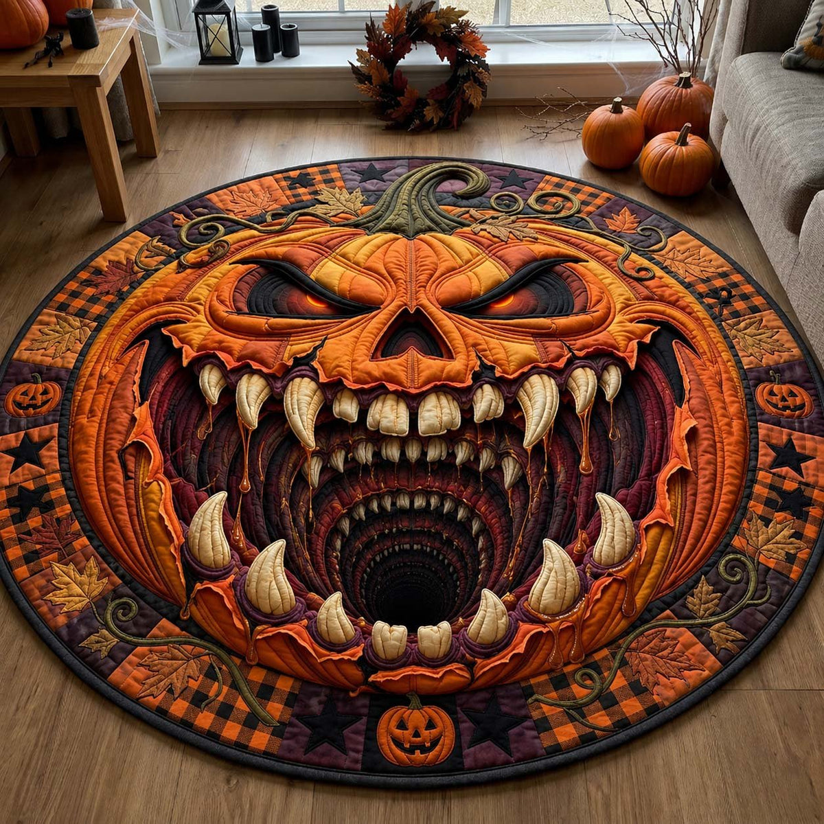 Pumpkin Abyss Halloween Quilted Round Mat Scary Pumpkin Tunnel Round Rug Gift For Halloween
