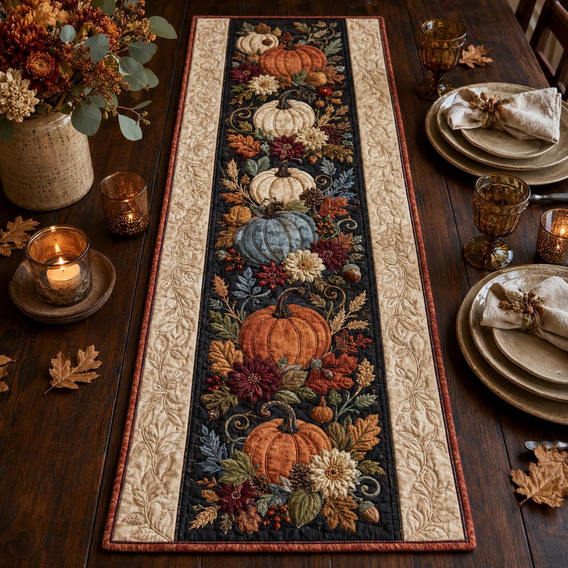 Pumpkin Autumn Harvest Quilt Table Runner Floral Thanksgiving Merch Gift For Thanksgiving