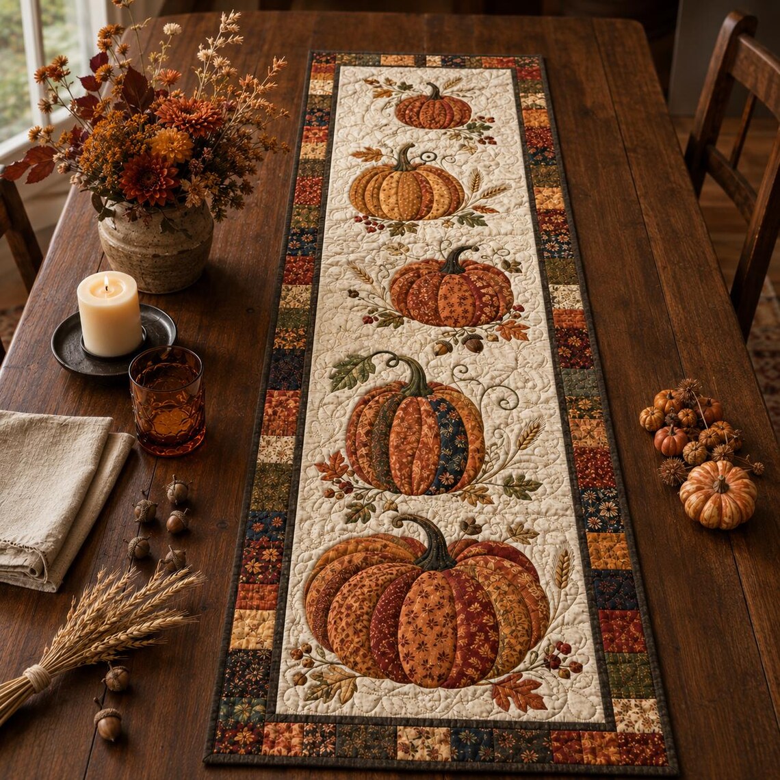 Pumpkin Autumn Quilt Table Runner Fall Thanksgiving Decor Merch Gift For Mom