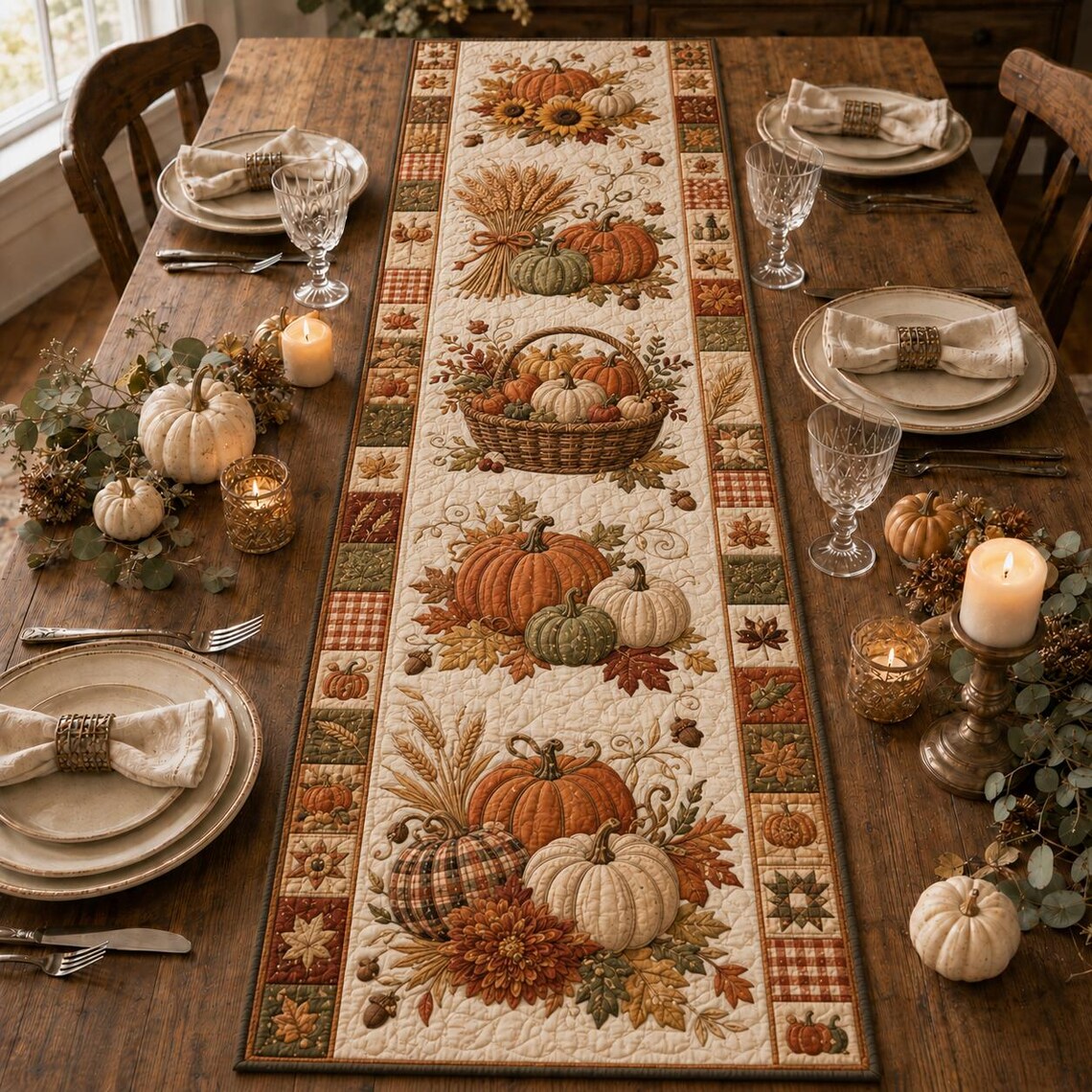 Pumpkin Autumn Quilt Table Runner Harvest Dining Decor Merch Gift For Teachers