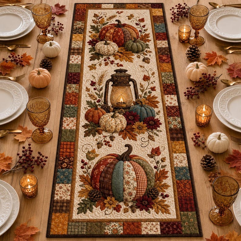 Pumpkin Autumn Quilt Table Runner Lantern Holiday Decor Merch Gift For Her