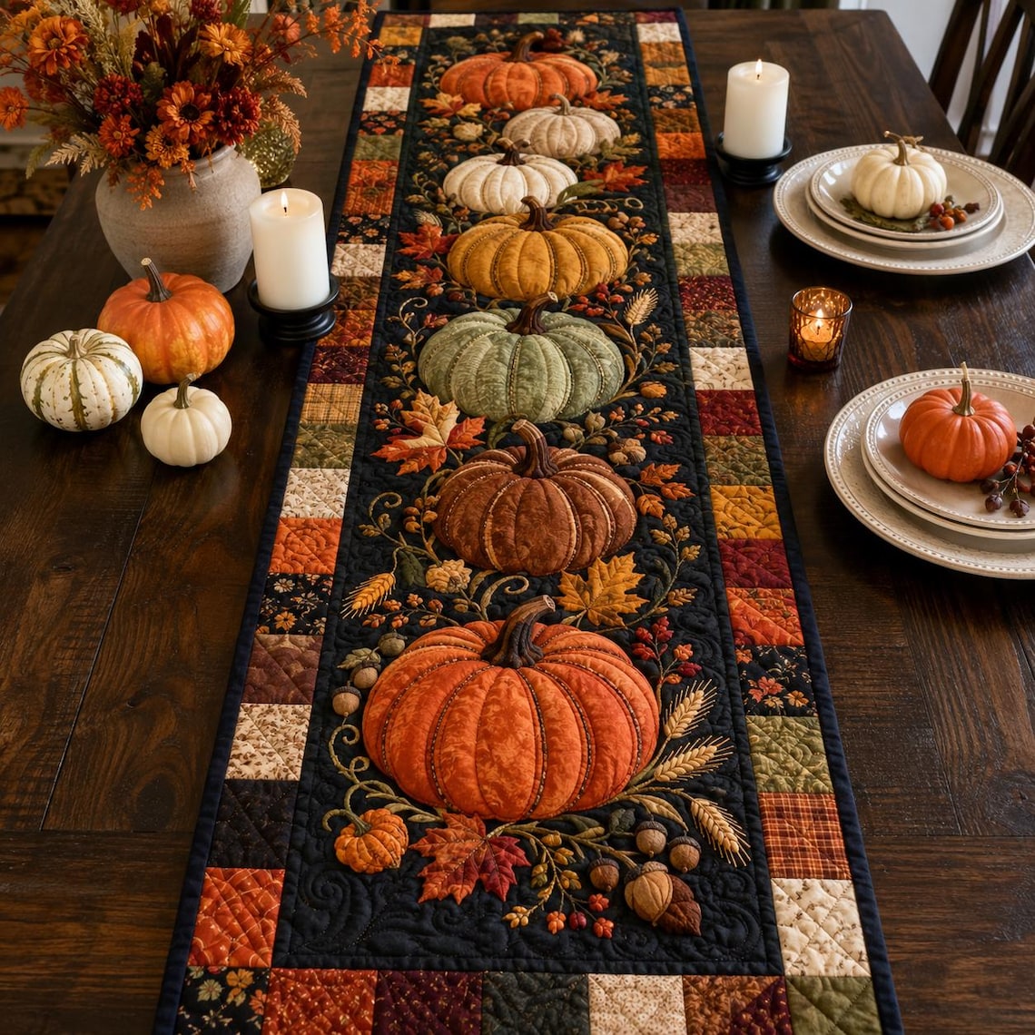 Pumpkin Autumn Quilt Table Runner Thanksgiving Harvest Merch Gift For Families