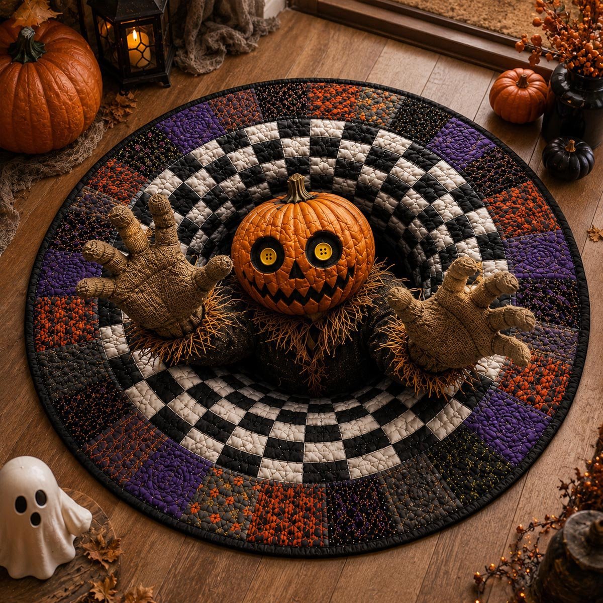 Pumpkin Breakout Halloween Quilted Round Mat Pumpkin Scarecrow Halloween Merch Gifts