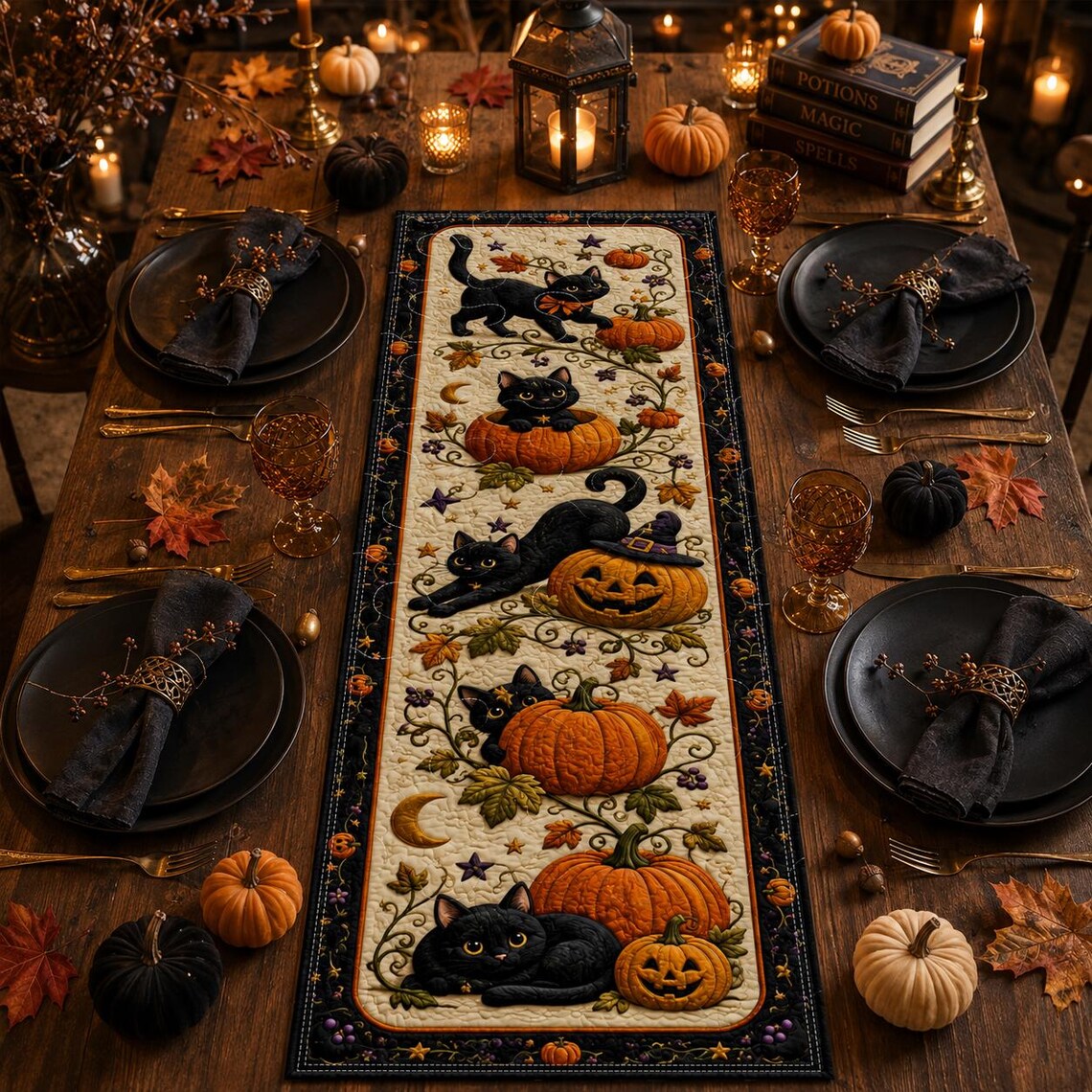 Pumpkin Cat Quilt Table Runner Black Cat Halloween Witchy Merch Gift For Cat Lovers
