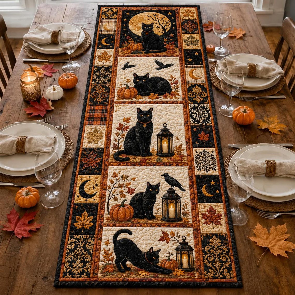 Pumpkin Cat Quilt Table Runner Black Cat Halloween Witchy Merch Gifts
