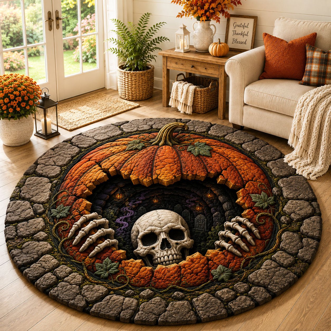 Pumpkin Crypt Hollow Halloween Quilted Round Mat Pumpkin Skull Cave Round Rug Spooky Decor Gift