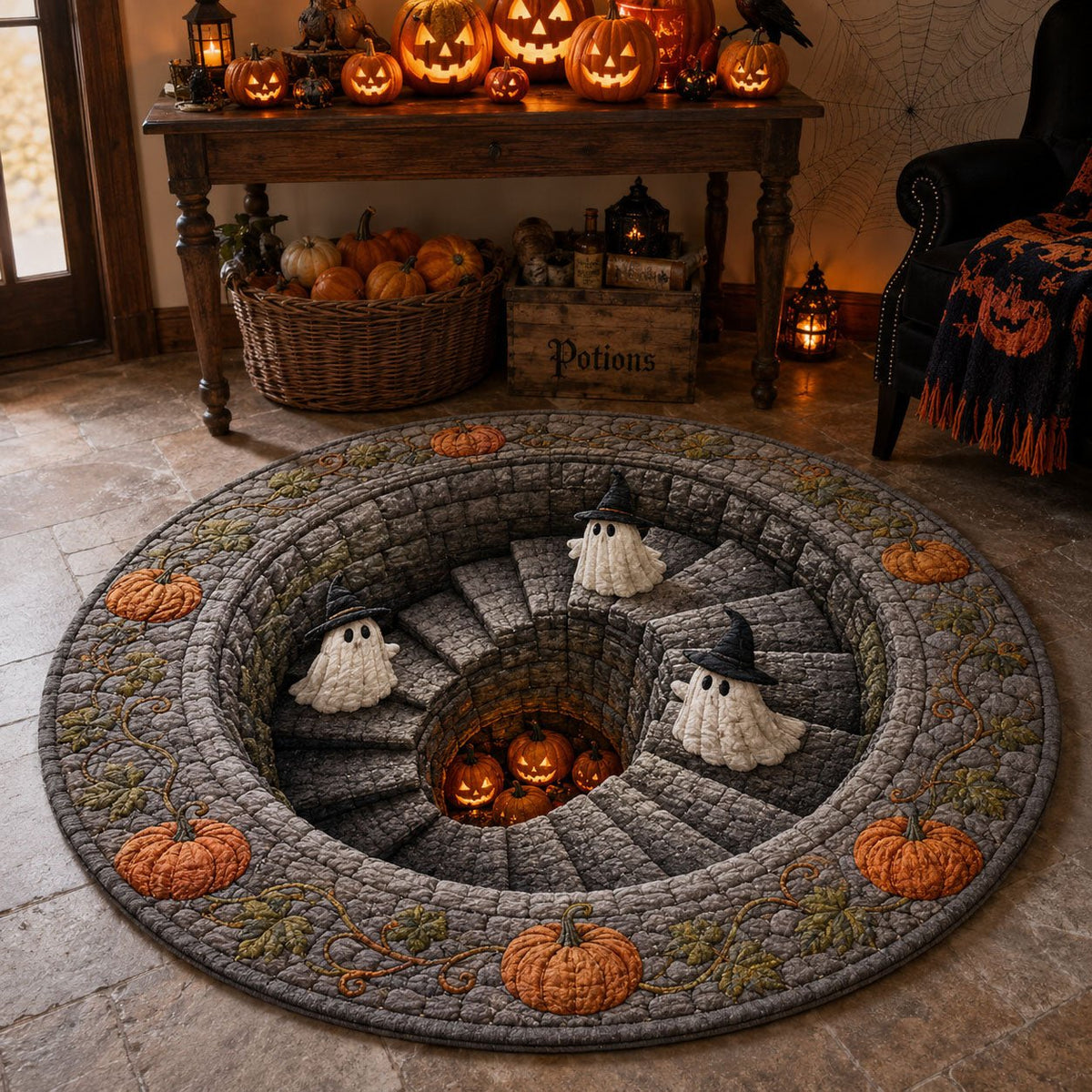 Pumpkin Descent Halloween Quilted Round Mat Halloween Ghosts Pumpkins Merch Spooky Decor Gift