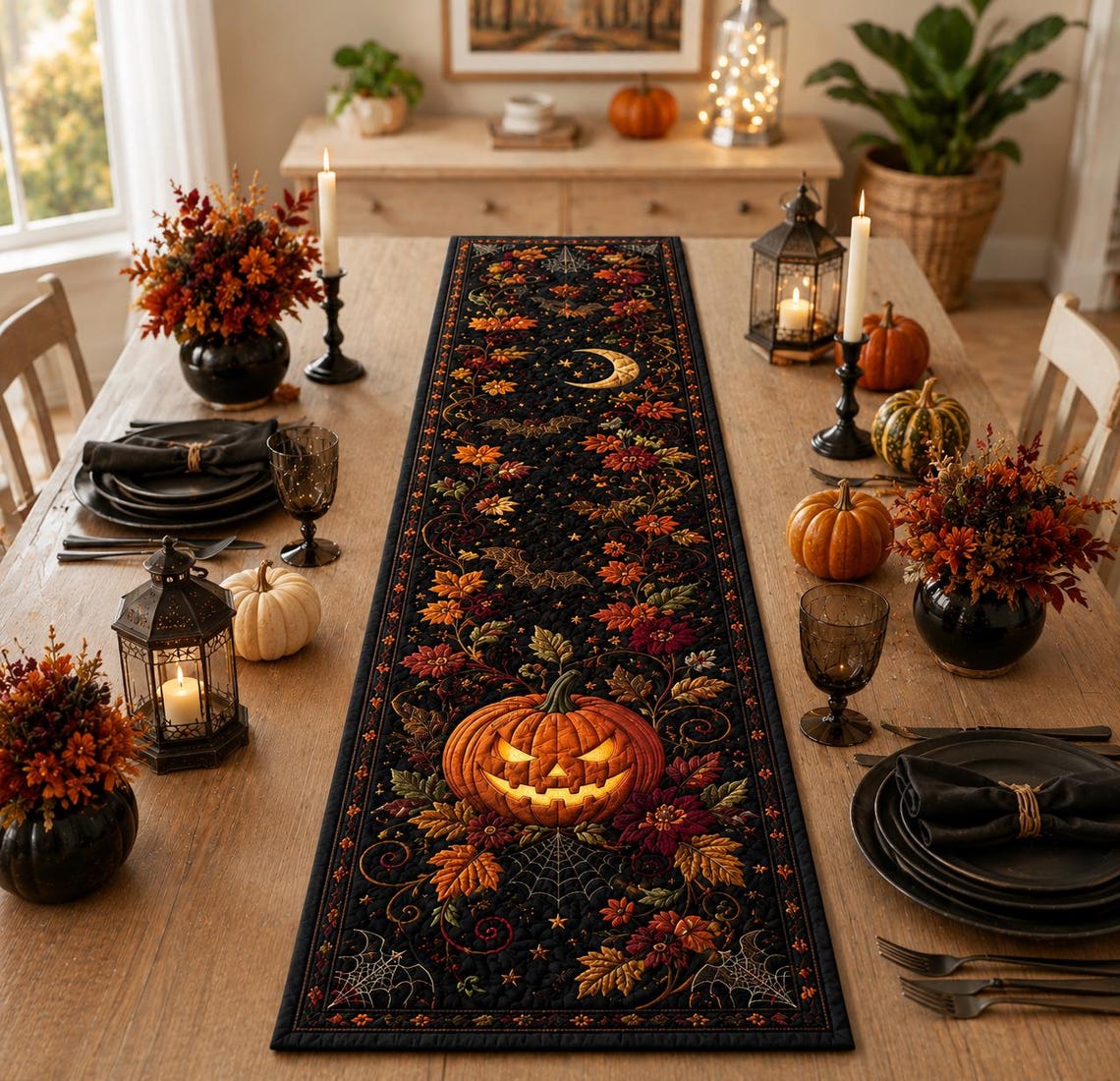 Pumpkin Halloween Quilt Table Runner Gothic Spooky Dining Merch Gift For Gothic