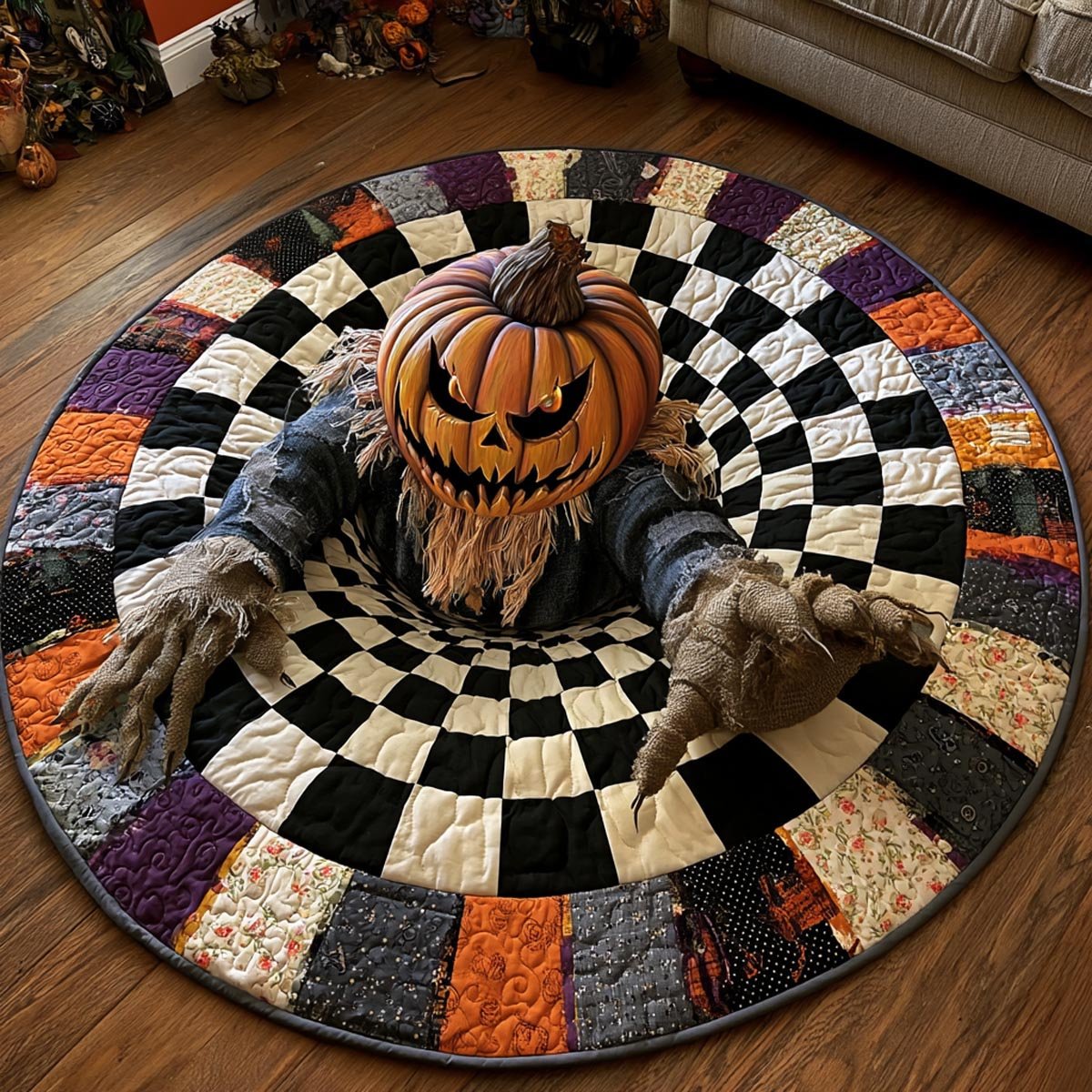 Pumpkin Haunter Halloween Quilted Round Mat Scarecrow Pumpkin Merch Best Halloween Room Gifts