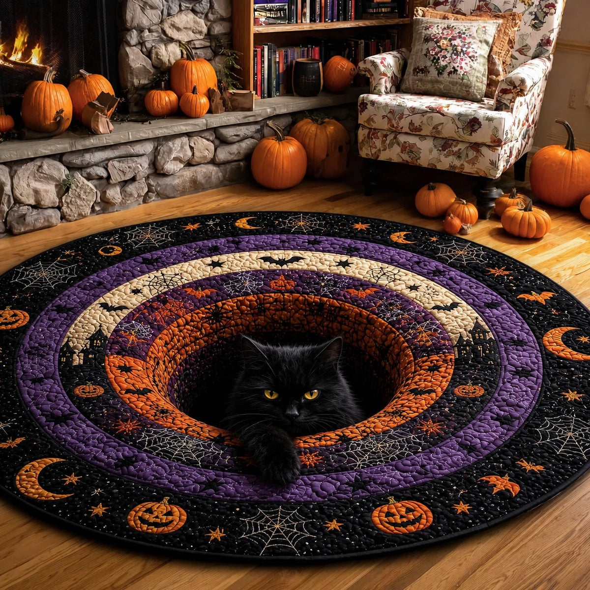 Pumpkin Hearth Halloween Quilted Round Mat Black Cat Halloween Merch Halloween Gift Ideas