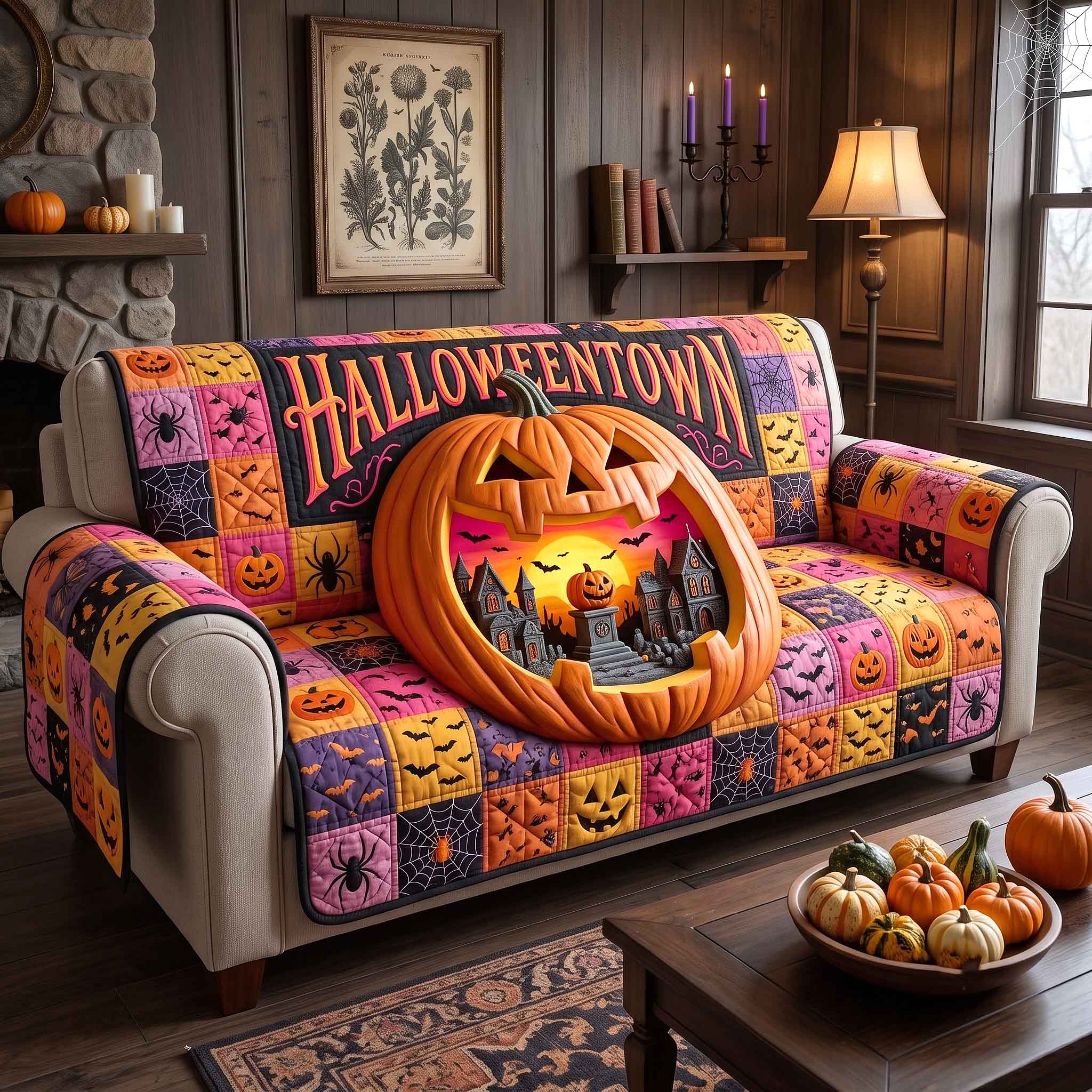 Pumpkin Hollow Quilted Sofa Cover Autumn Pumpkin Couch Cover Cool Gift