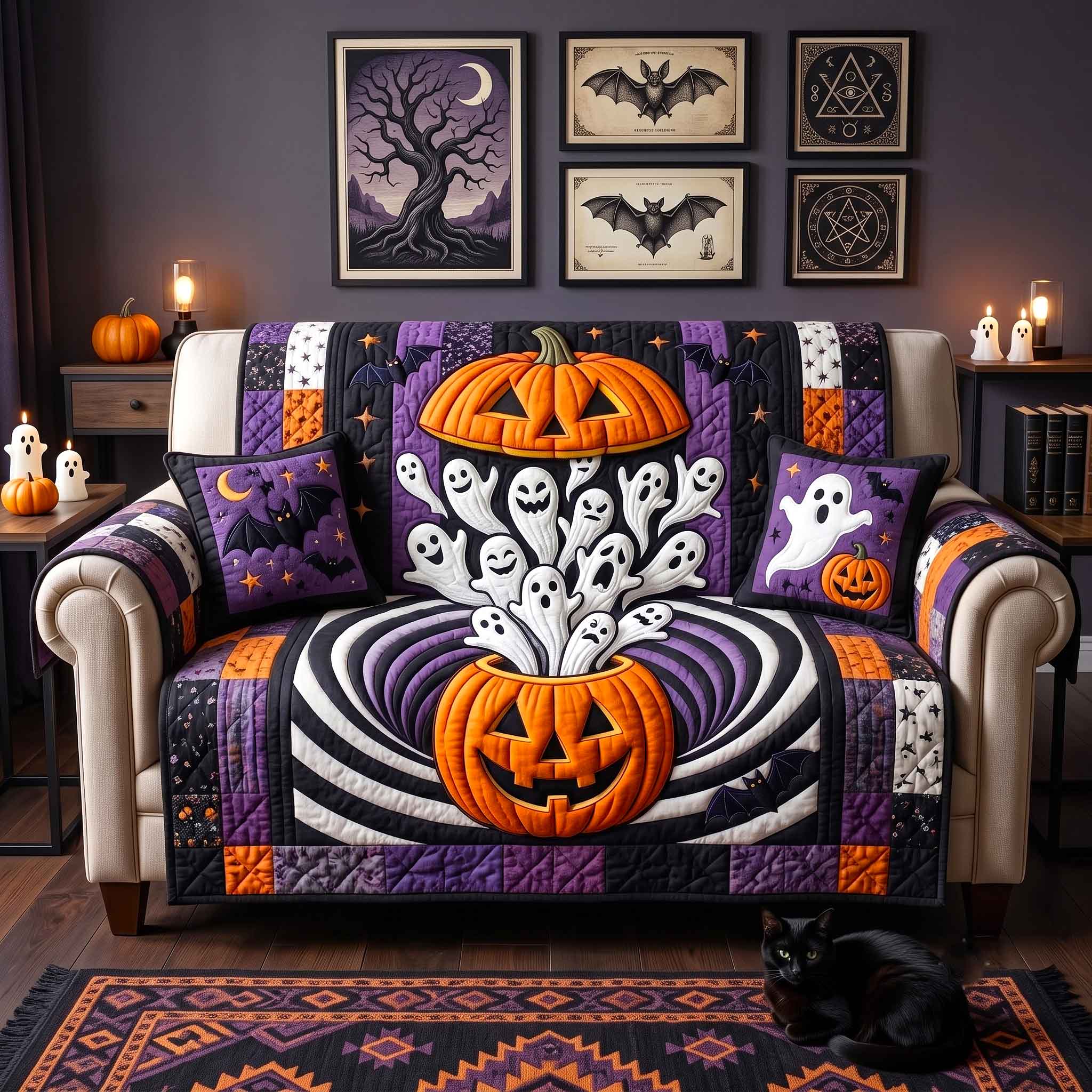 Pumpkin Hollow Quilted Sofa Cover Pumpkin Paws Couch Cover Trendy Gift
