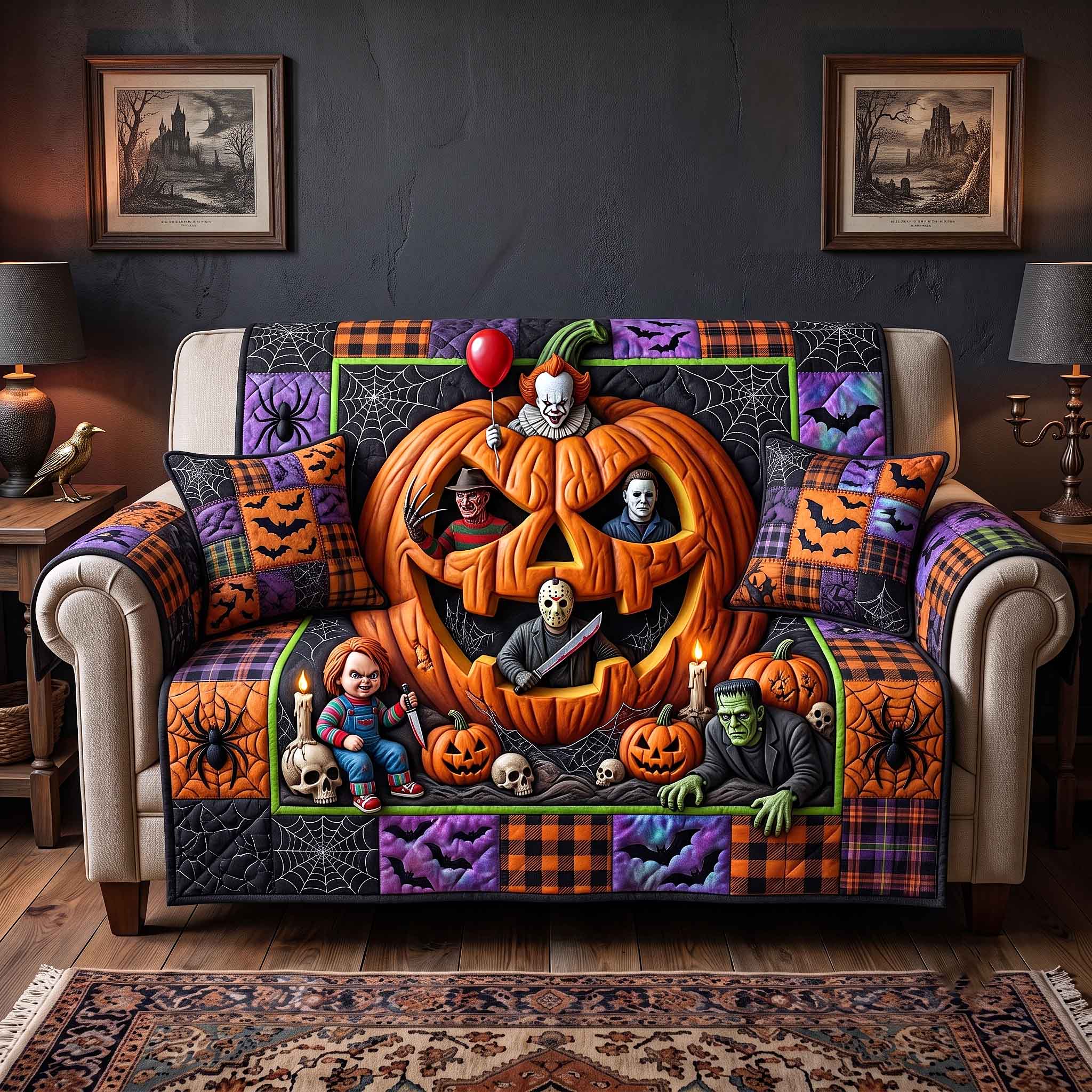 Pumpkin Hollow Quilted Sofa Cover Pumpkin Season Couch Cover Cute Gift